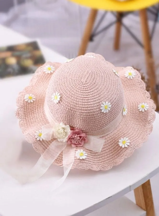 2pcs Girls Wide Brim Straw Hat adorned with flowers, Complete with Coordinated Beach Bag and Kids Sun Visor Hat