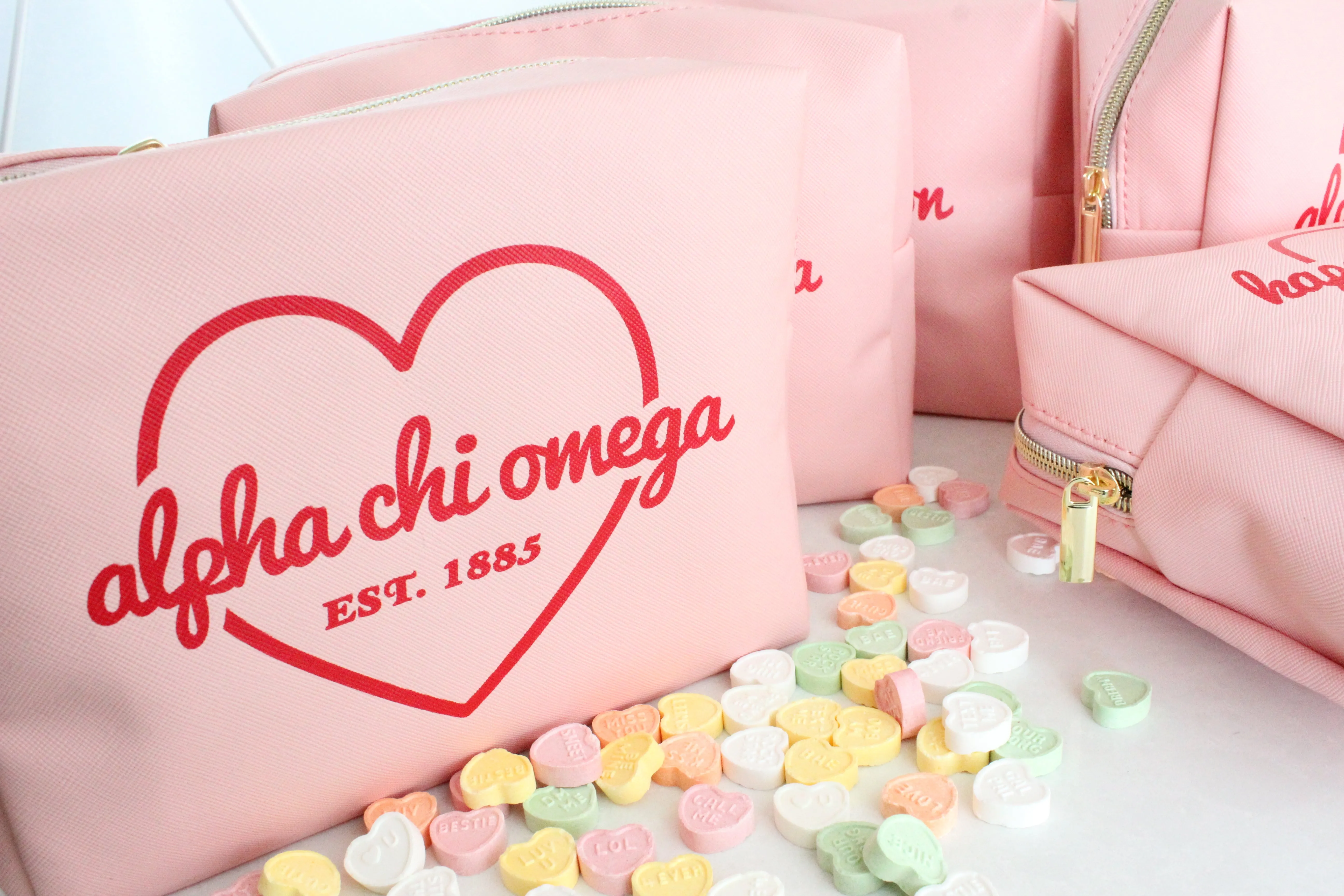 Alpha Chi Omega Pink w/Red Heart Makeup Bag