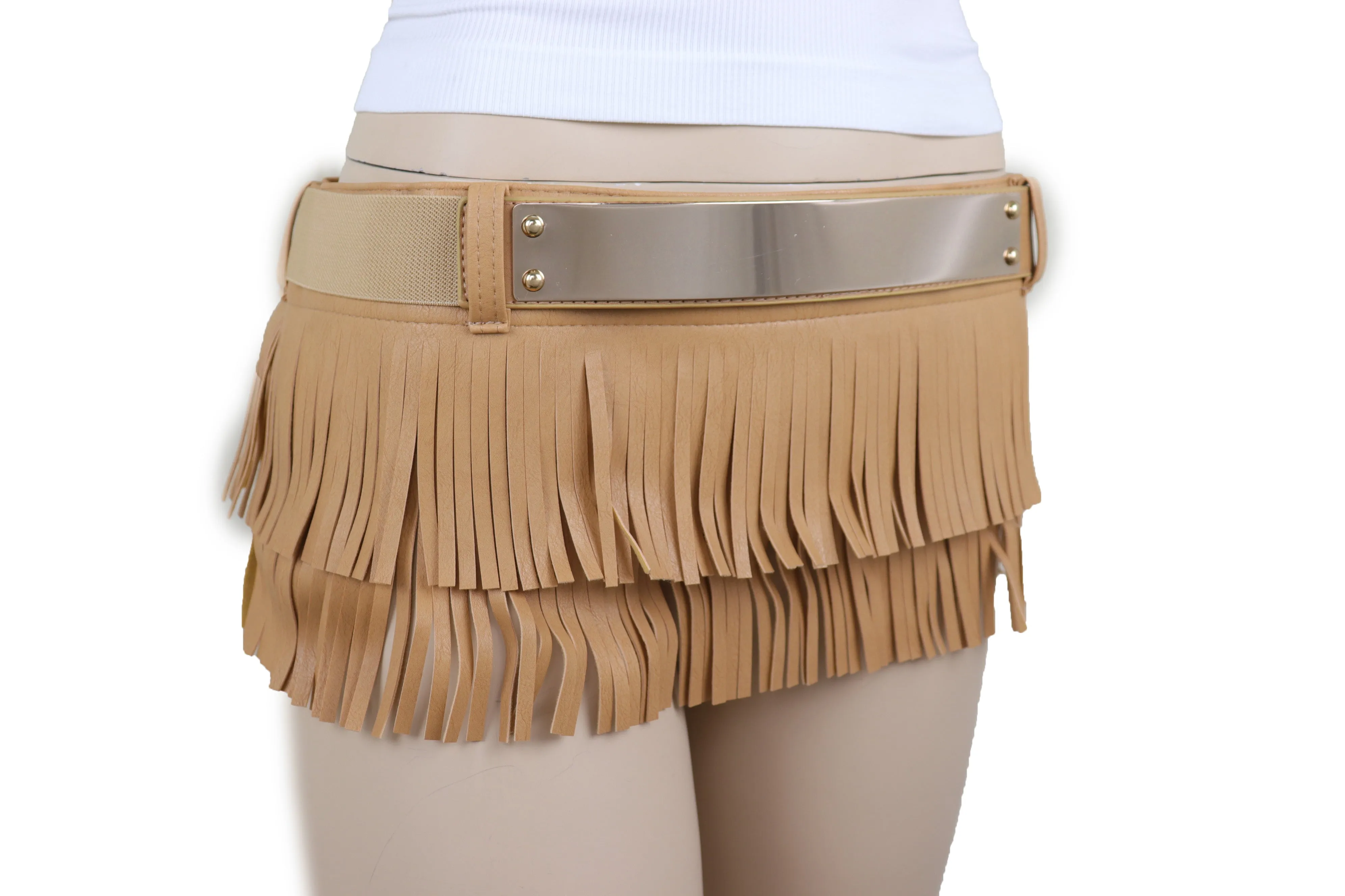 Beige Faux Leather Wrap Around Skirt Tie Fringes Belt Gold Metal Size S M