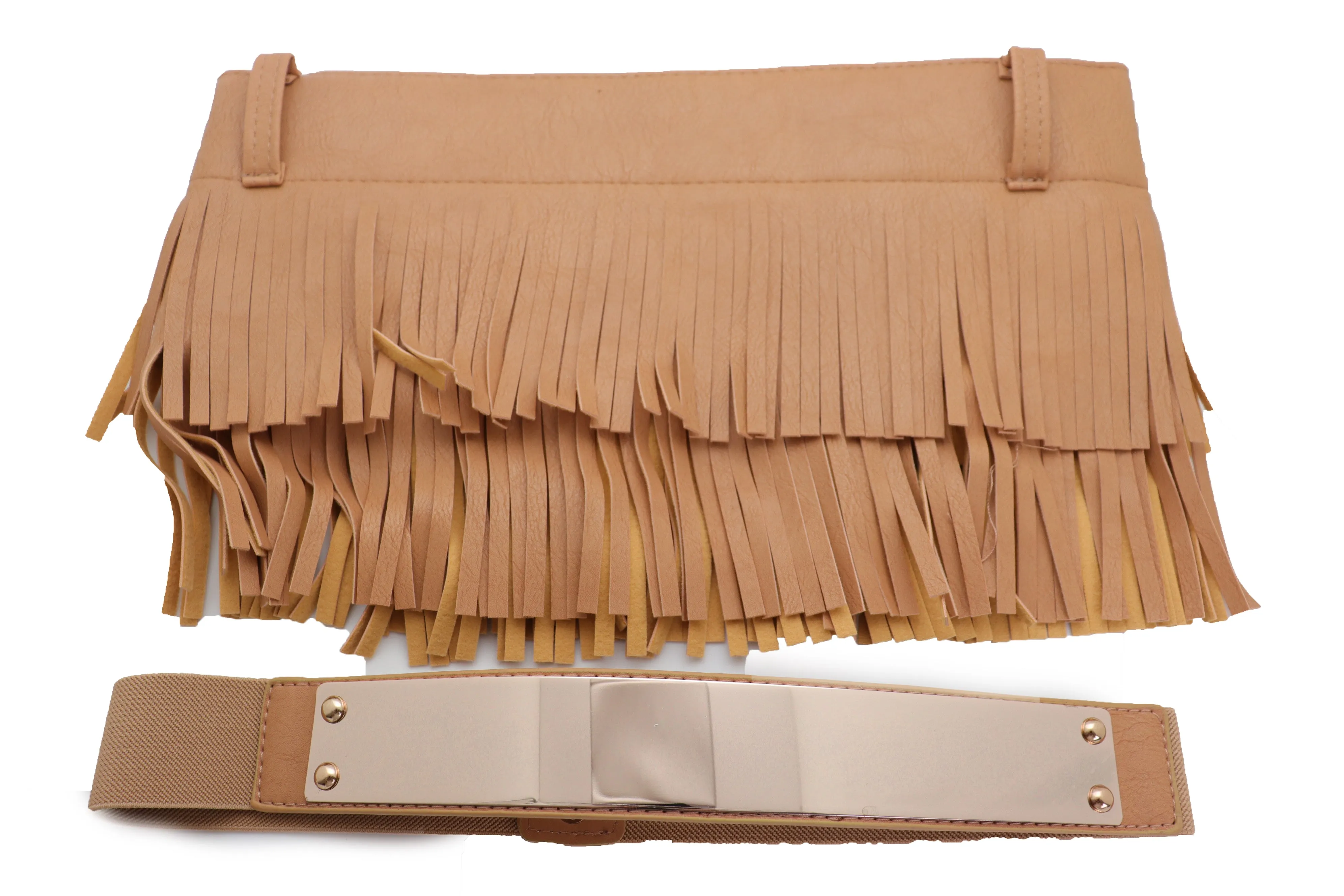 Beige Faux Leather Wrap Around Skirt Tie Fringes Belt Gold Metal Size S M