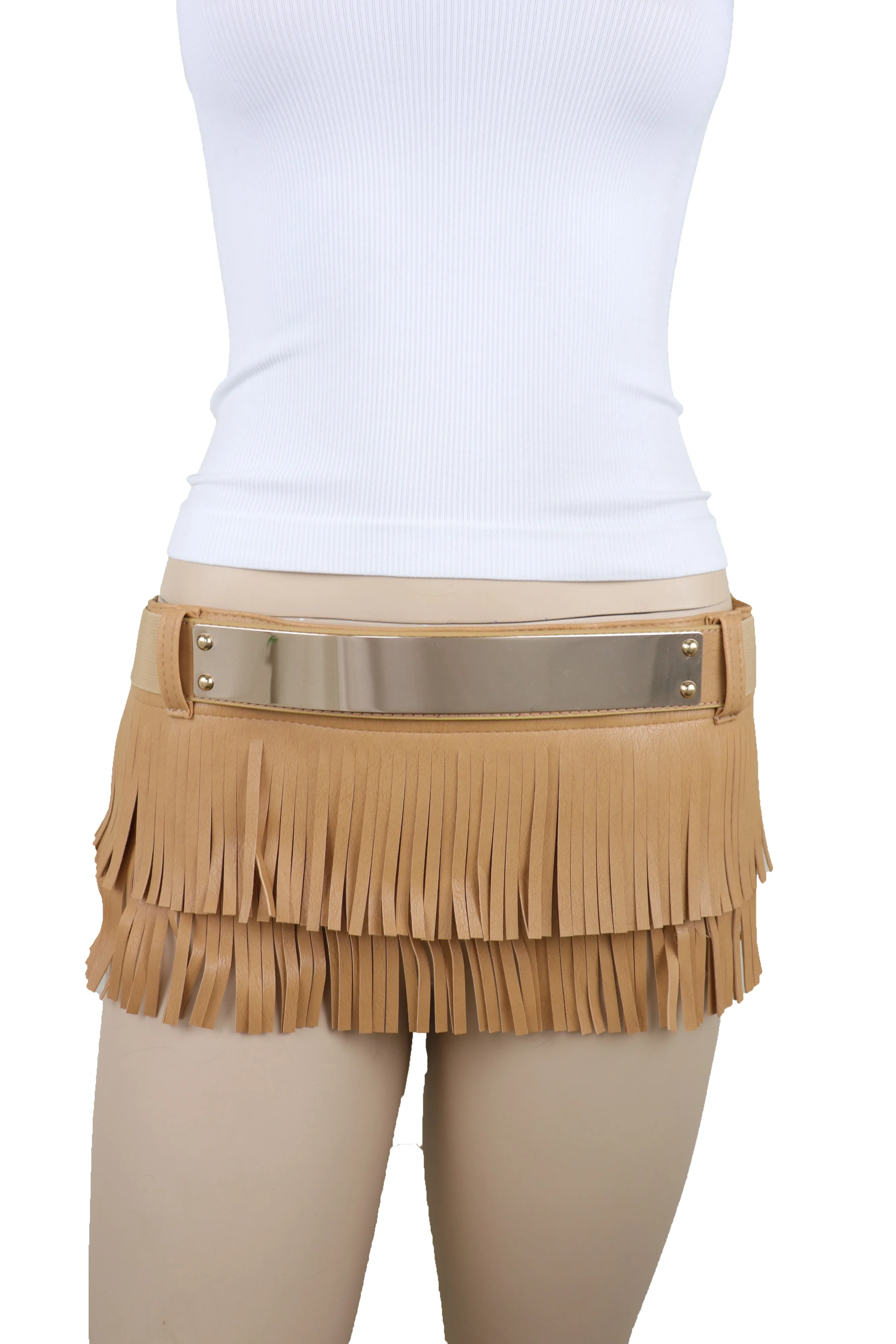 Beige Faux Leather Wrap Around Skirt Tie Fringes Belt Gold Metal Size S M