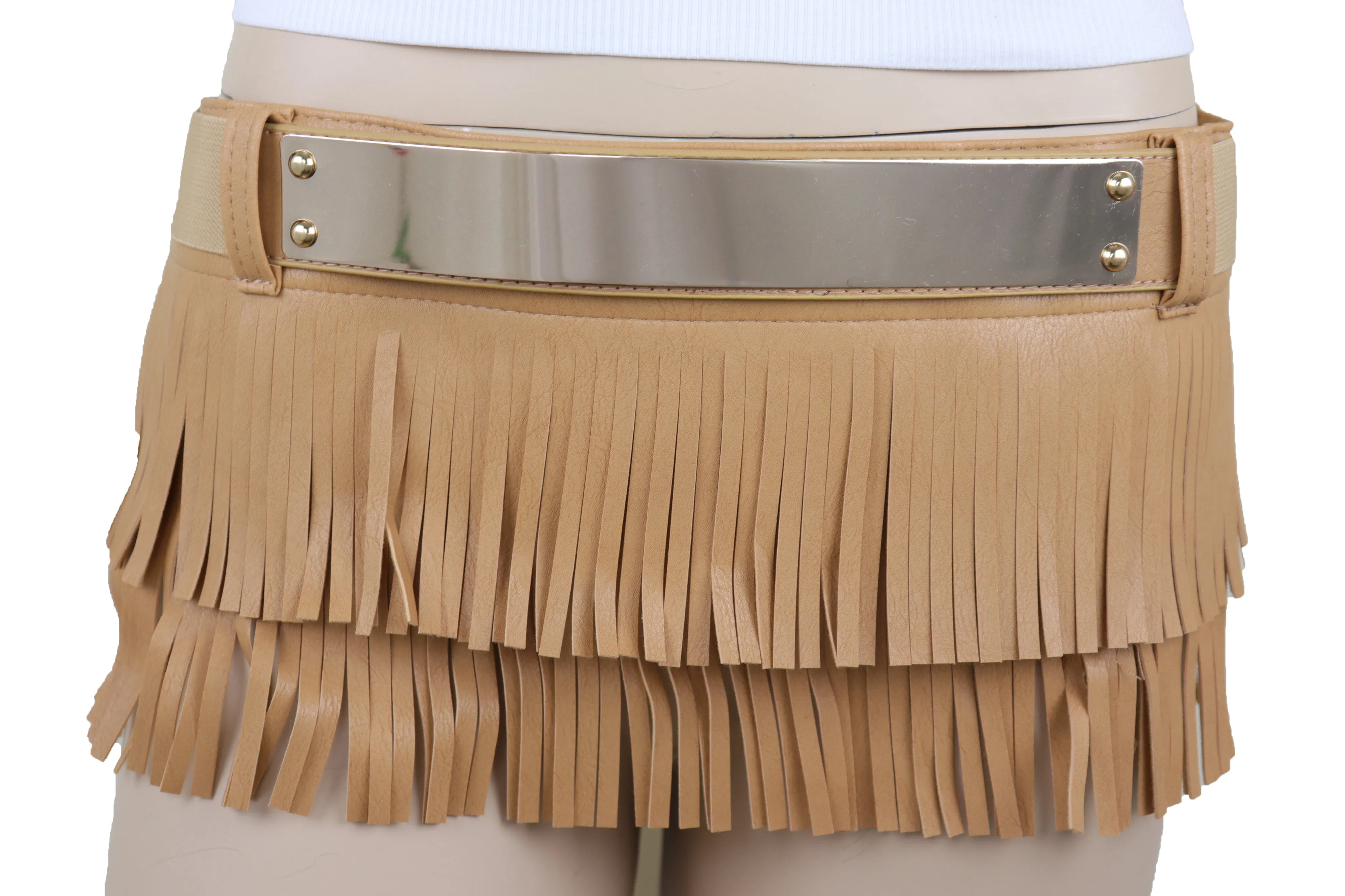 Beige Faux Leather Wrap Around Skirt Tie Fringes Belt Gold Metal Size S M