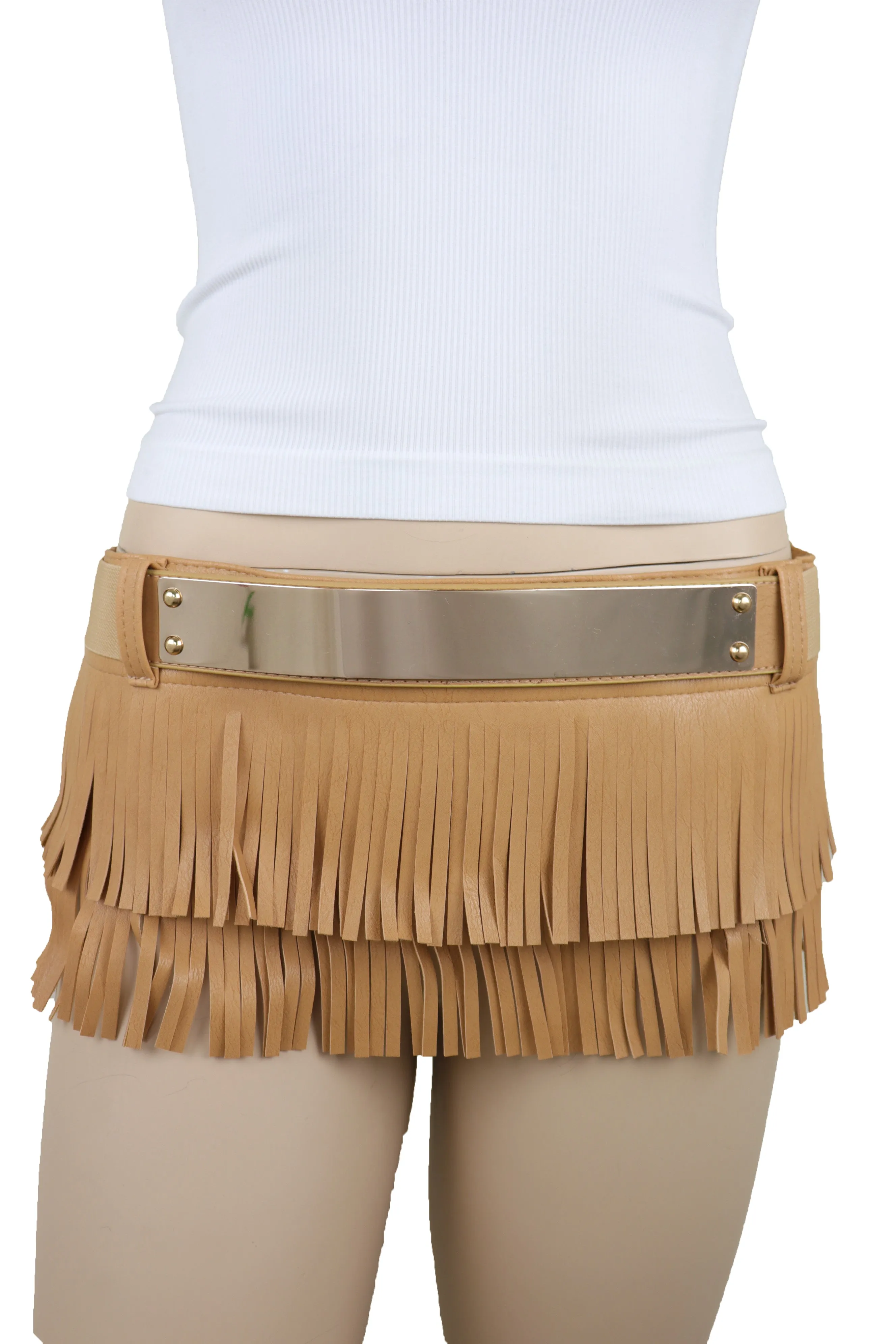 Beige Faux Leather Wrap Around Skirt Tie Fringes Belt Gold Metal Size S M