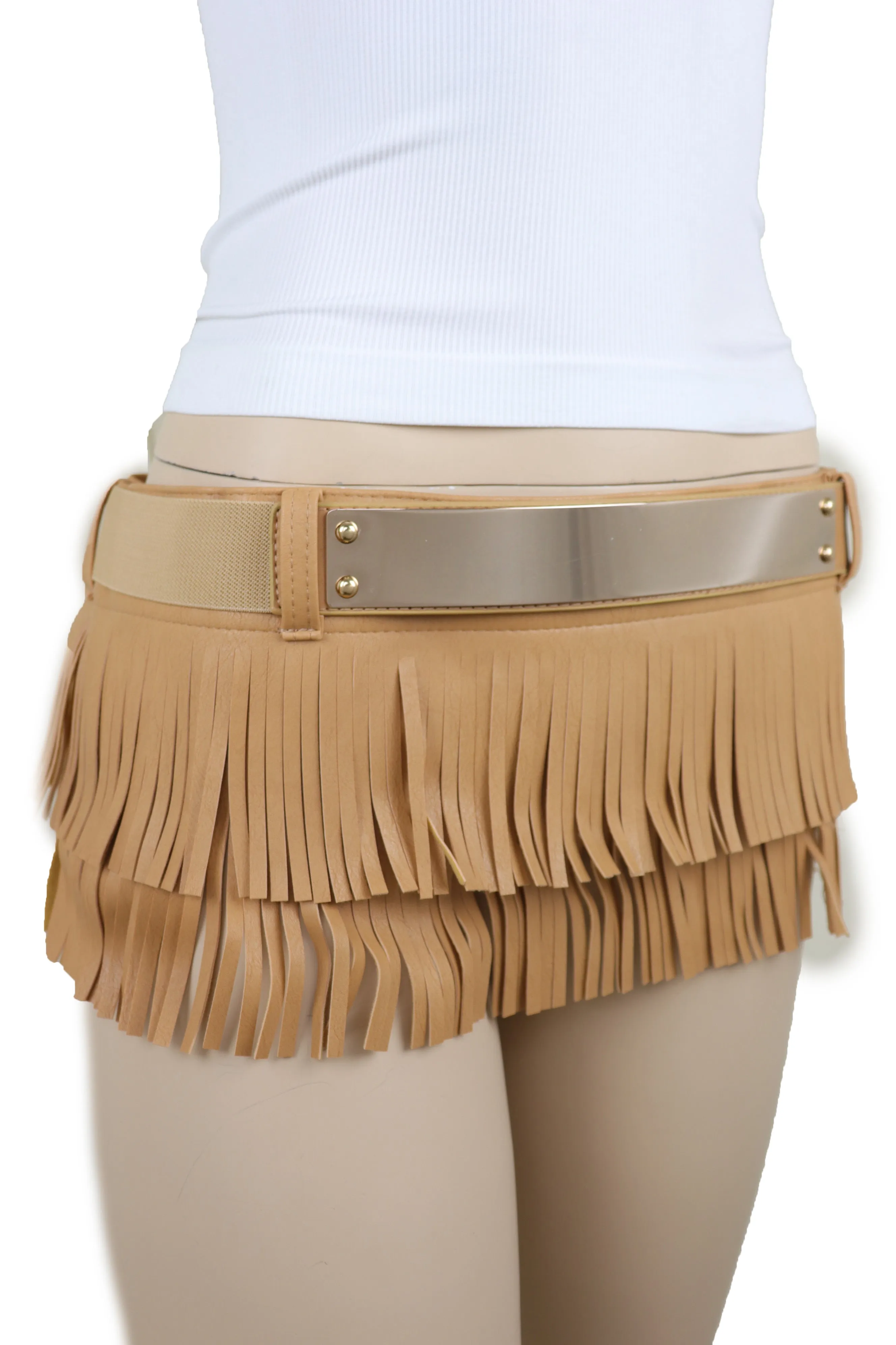 Beige Faux Leather Wrap Around Skirt Tie Fringes Belt Gold Metal Size S M