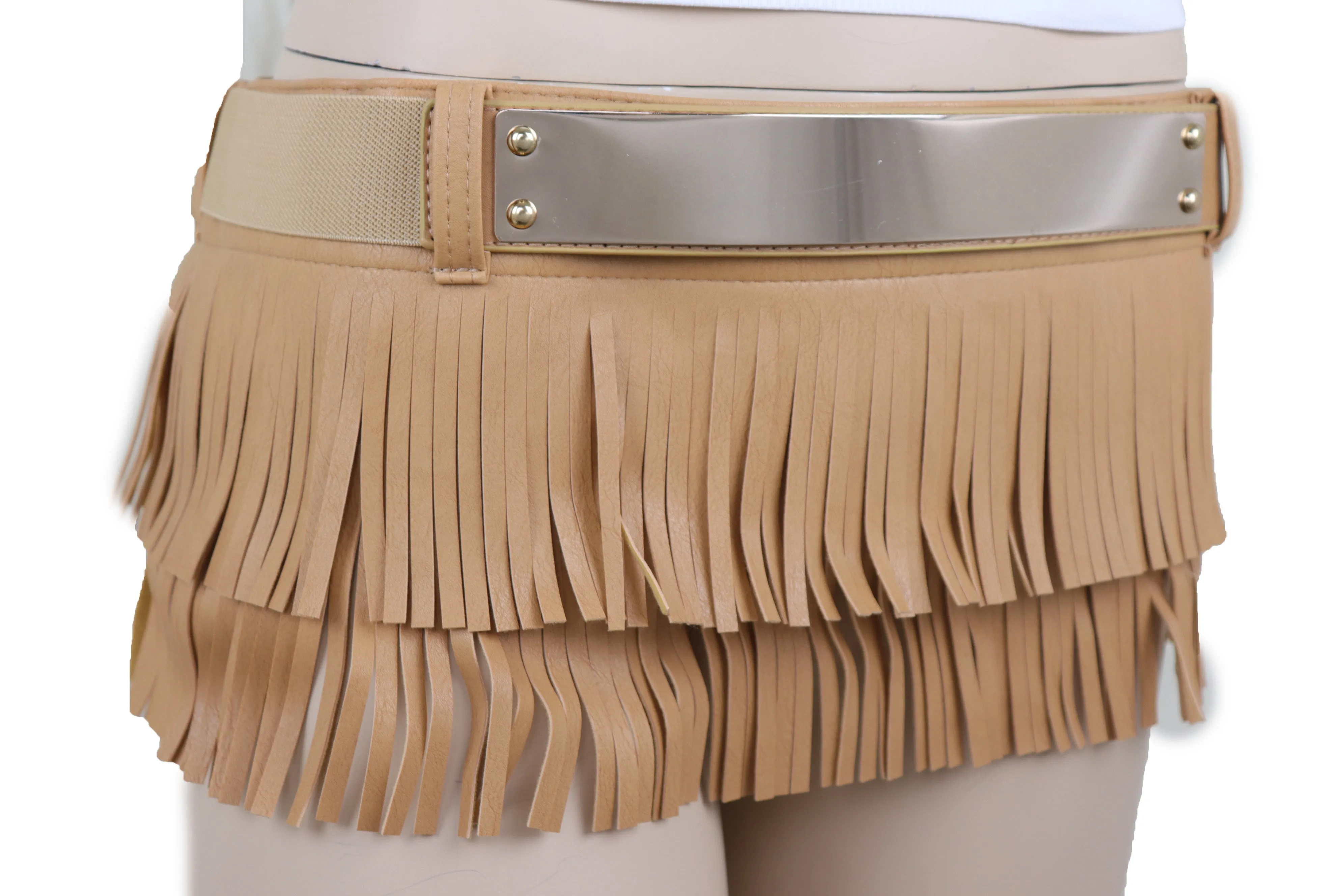 Beige Faux Leather Wrap Around Skirt Tie Fringes Belt Gold Metal Size S M