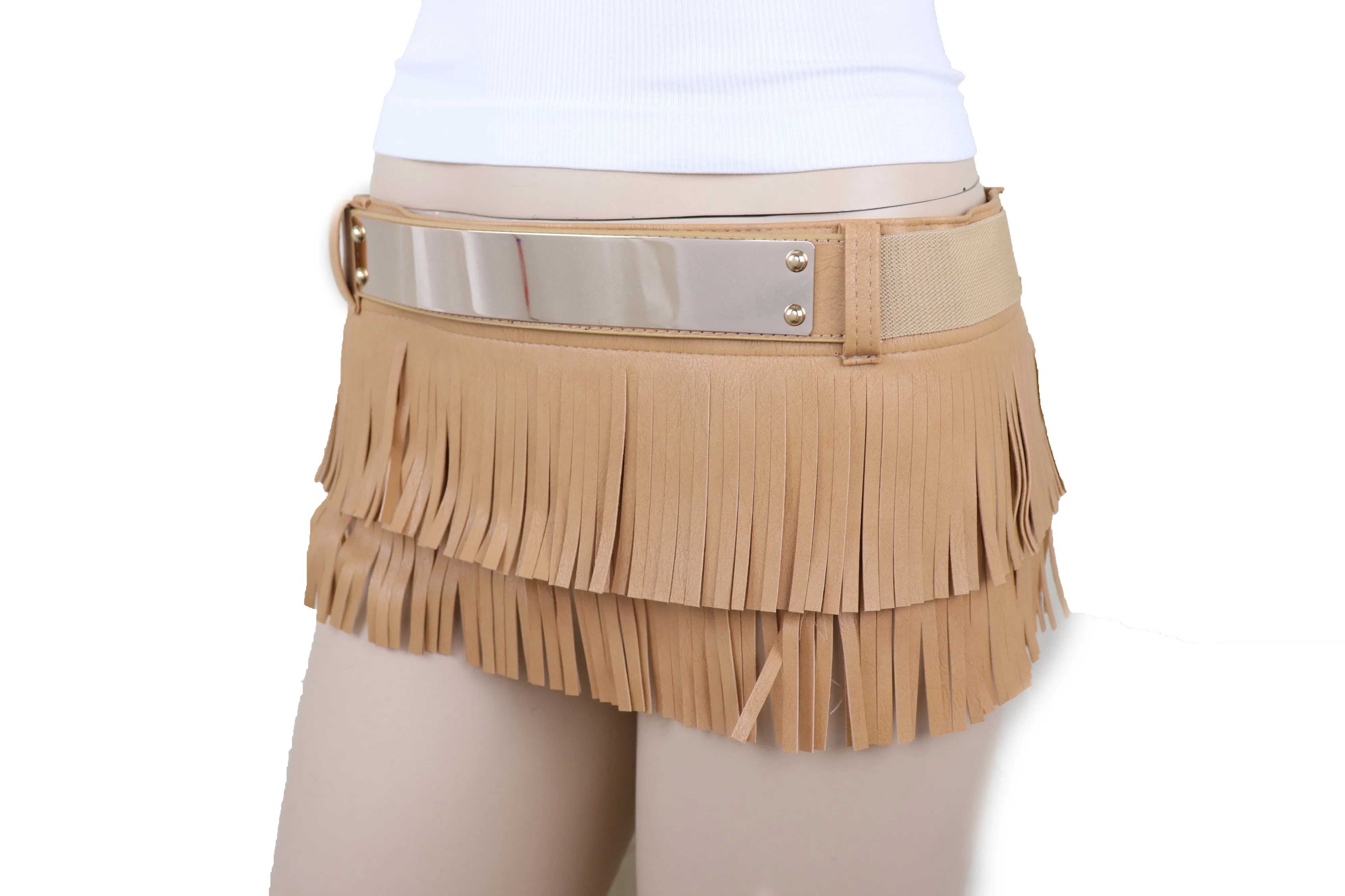 Beige Faux Leather Wrap Around Skirt Tie Fringes Belt Gold Metal Size S M