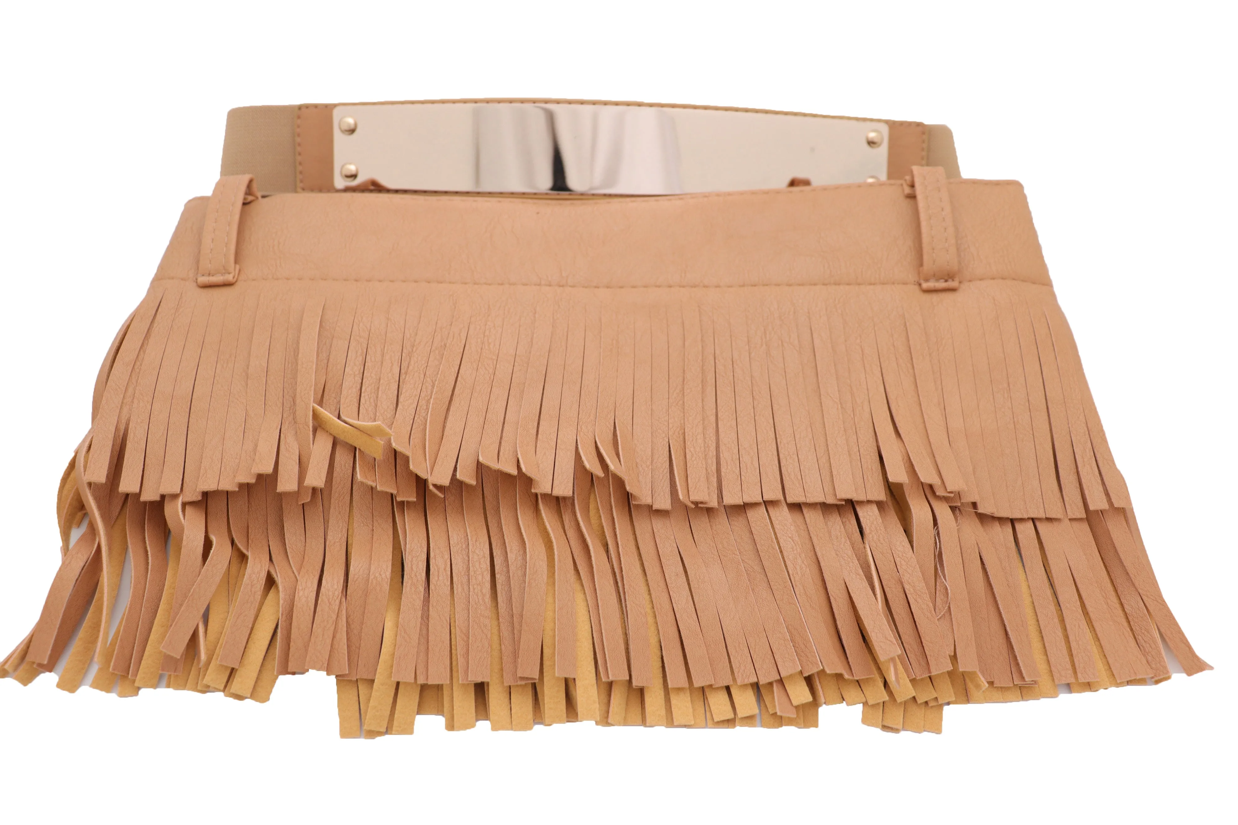 Beige Faux Leather Wrap Around Skirt Tie Fringes Belt Gold Metal Size S M