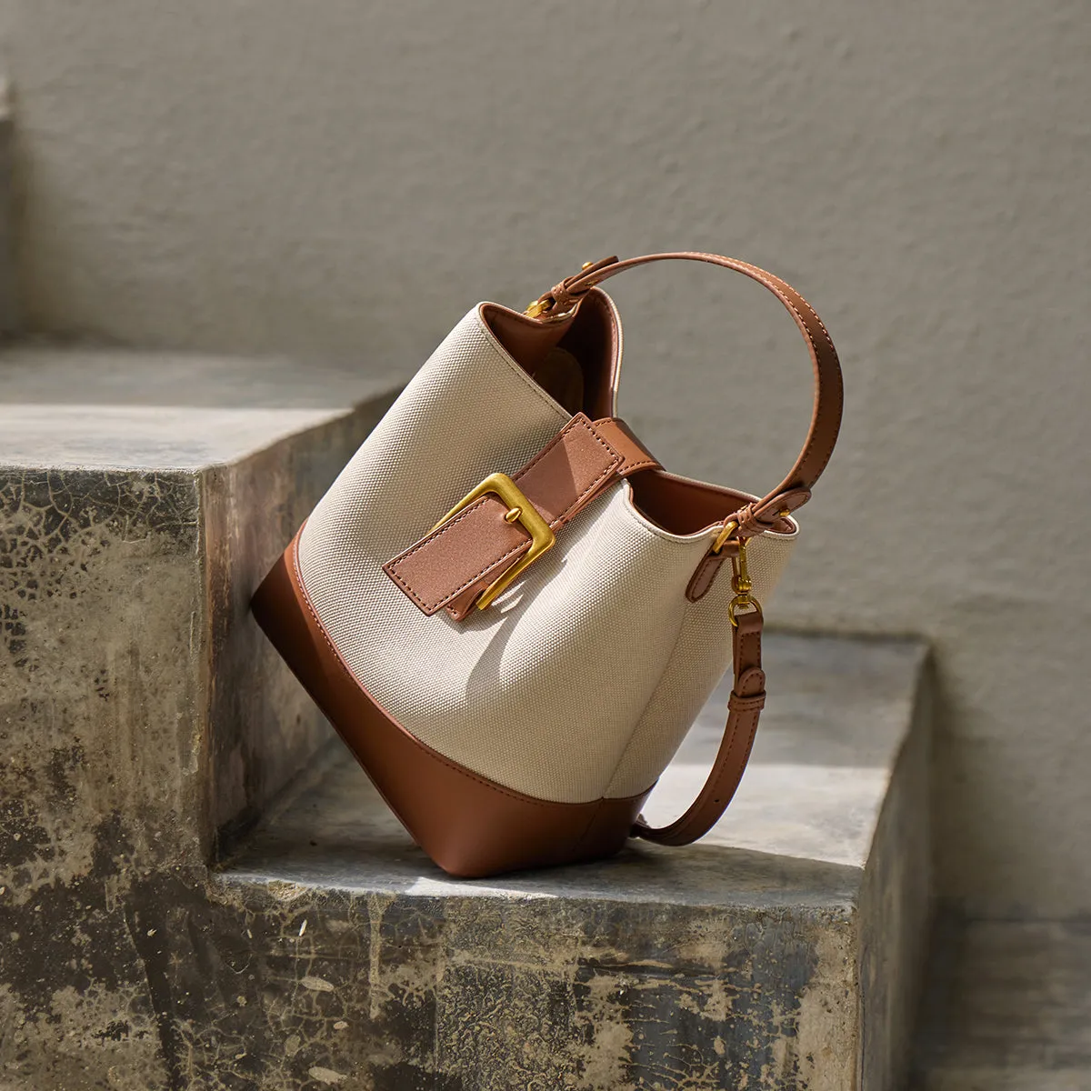 Beige Leather Buckle Bucket Bag