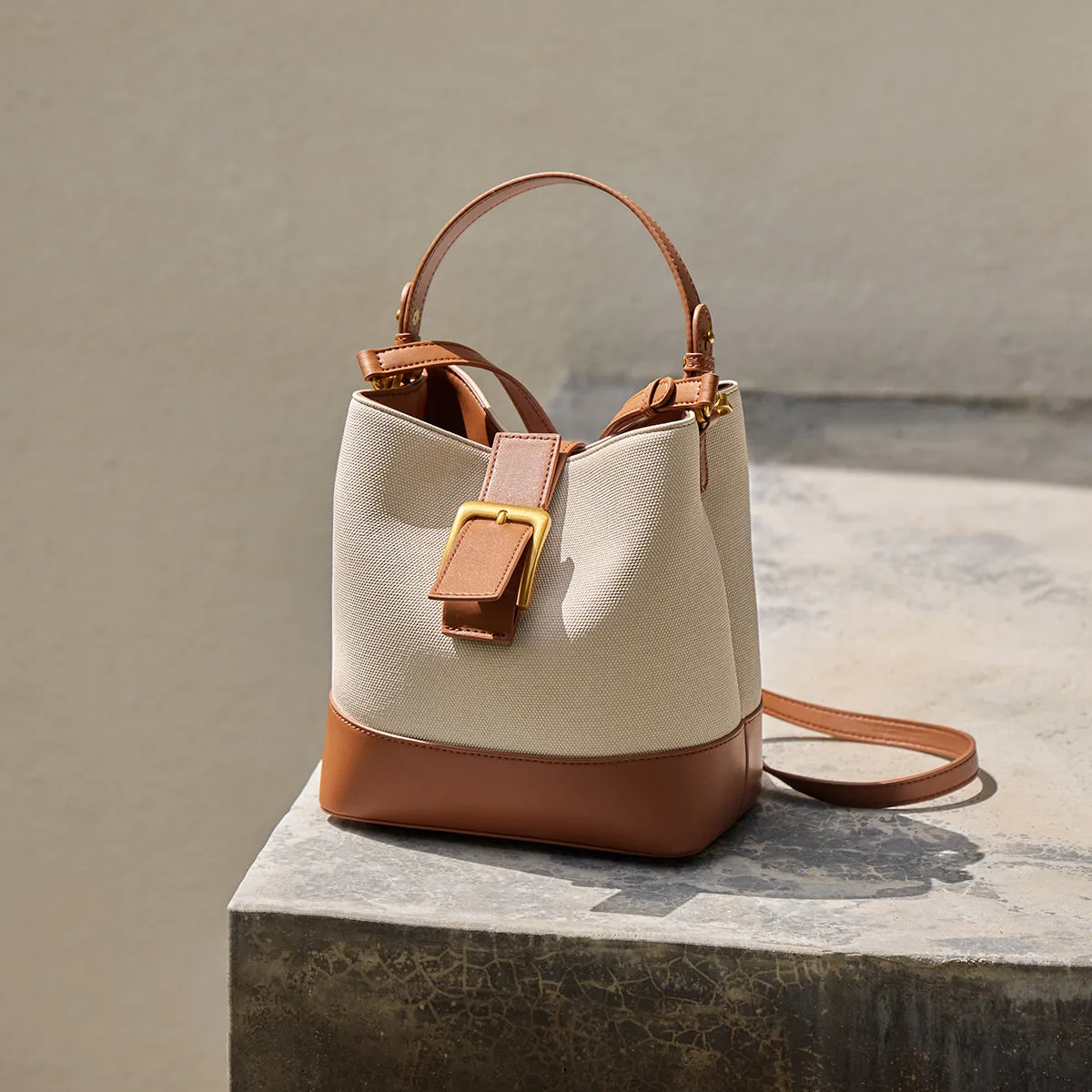 Beige Leather Buckle Bucket Bag