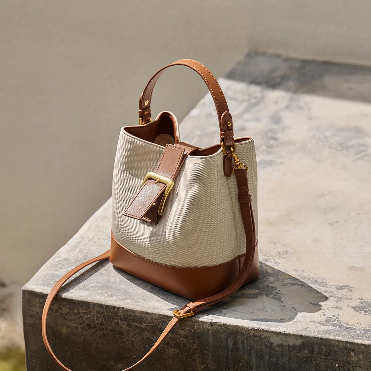 Beige Leather Buckle Bucket Bag