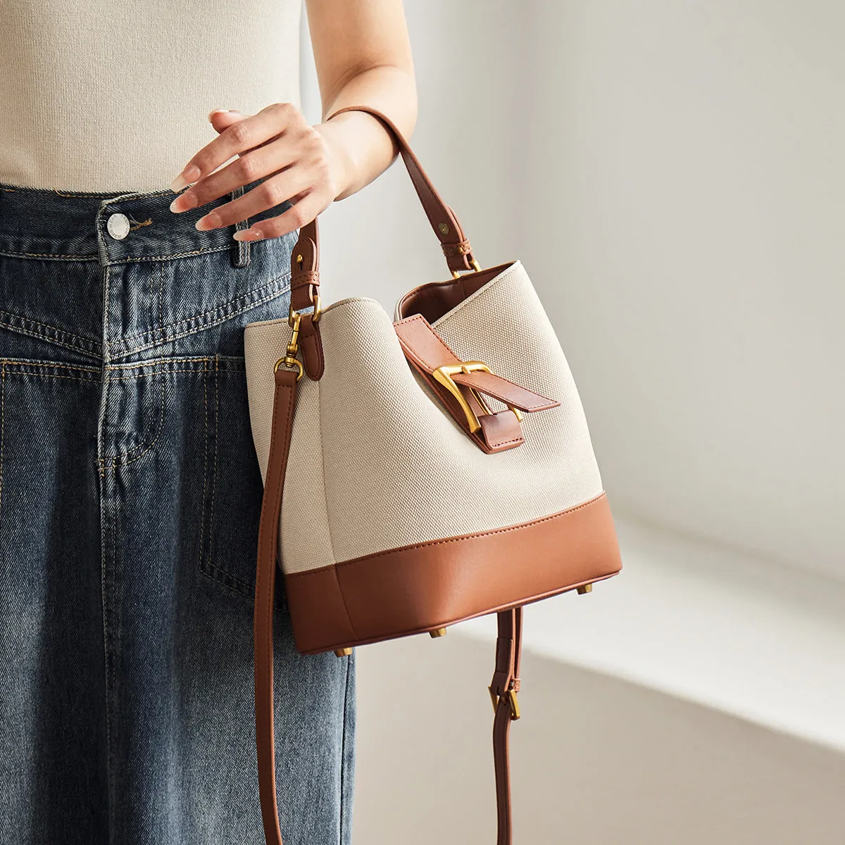 Beige Leather Buckle Bucket Bag