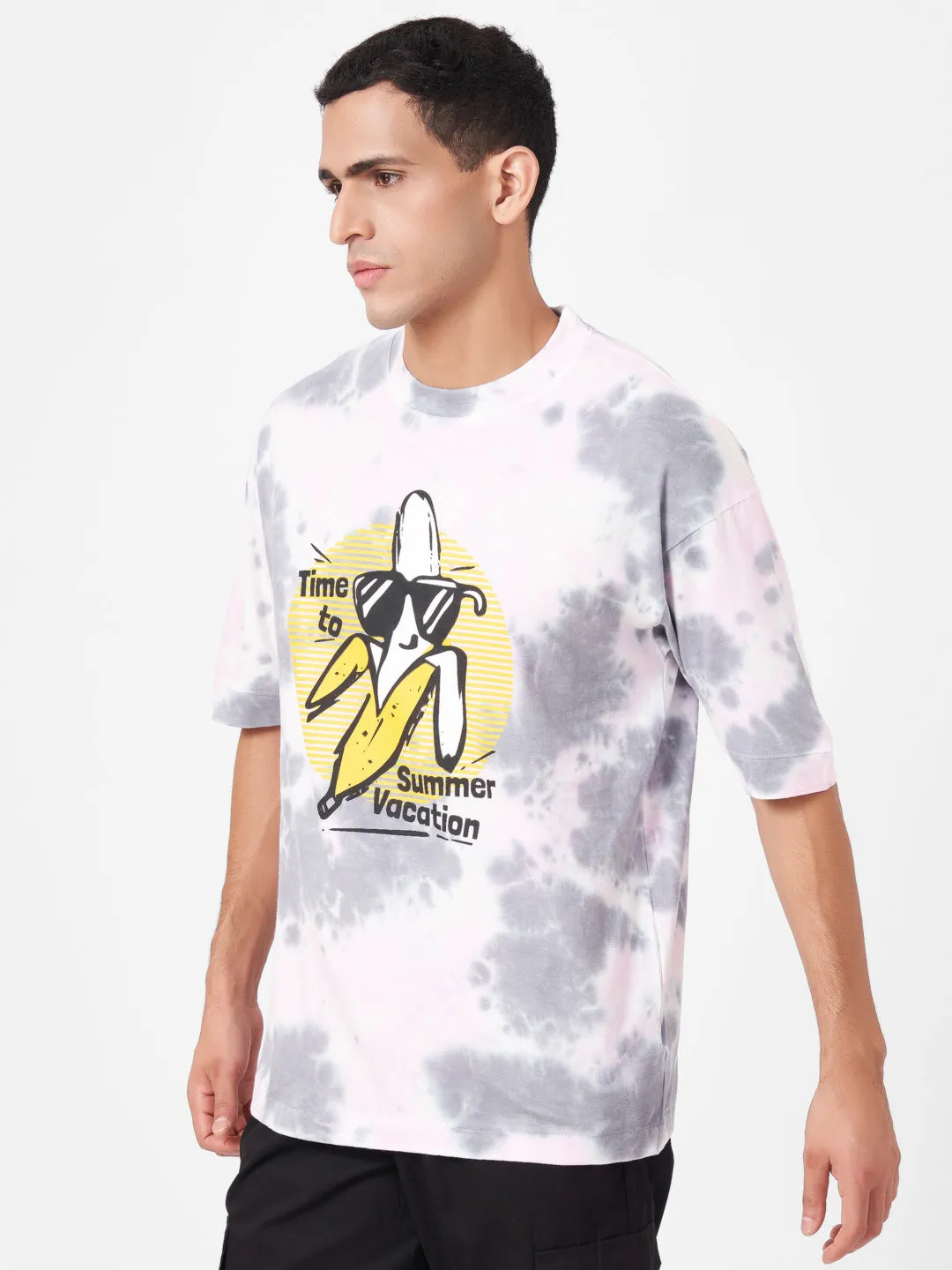 Beige Printed Half Sleeve Tie-Dye T-shirt