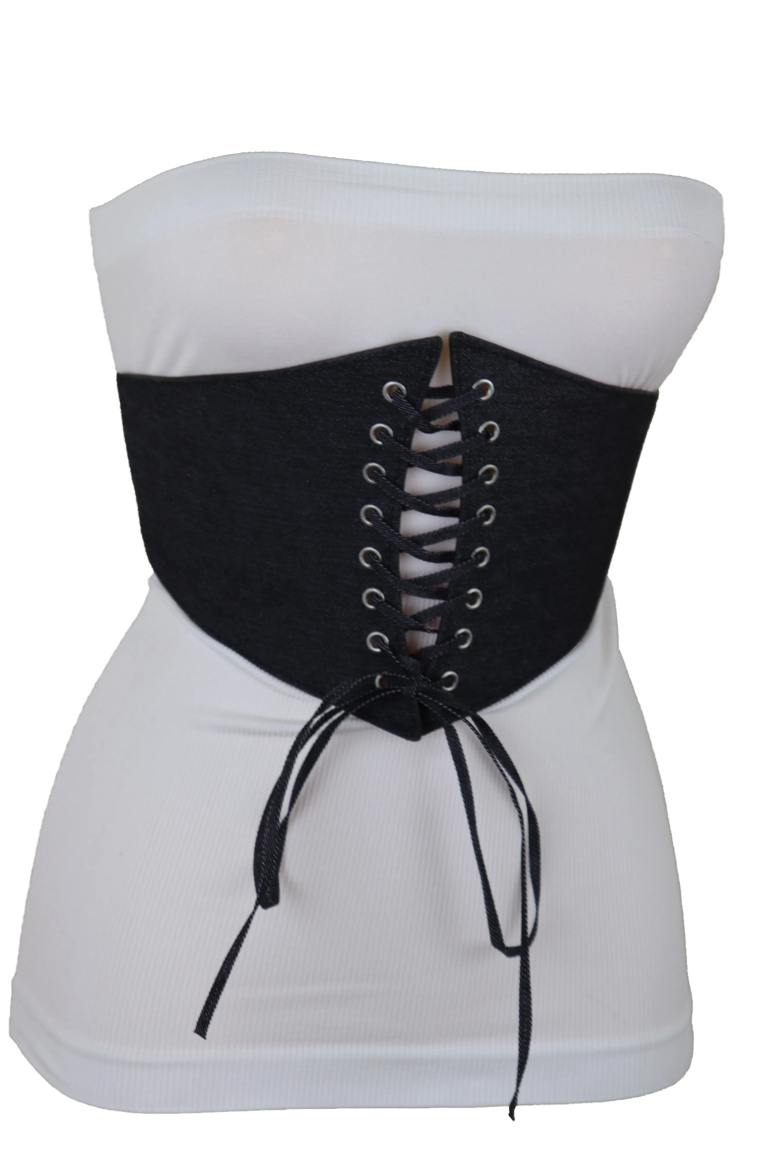 Black Denim Wide Fabric Elastic High Waist Corset Belt Adjustable Size S M