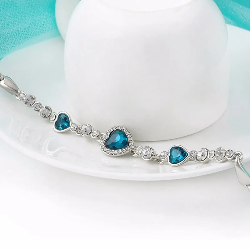 Fashion Jewelry Romantic Blue Heart Cut Crystal Bracelet for Women