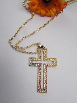 Gold Metal Chain Big Cross Pendant Silver Rhinestones 15" Necklace