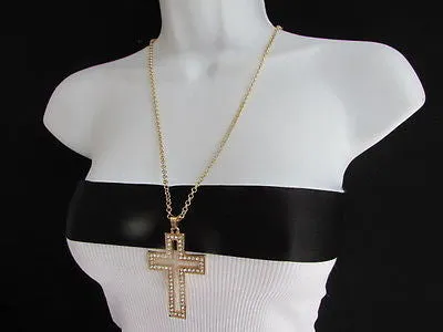 Gold Metal Chain Big Cross Pendant Silver Rhinestones 15" Necklace