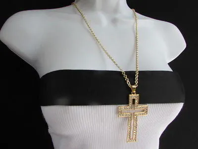 Gold Metal Chain Big Cross Pendant Silver Rhinestones 15" Necklace