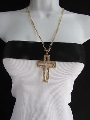 Gold Metal Chain Big Cross Pendant Silver Rhinestones 15" Necklace