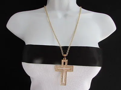 Gold Metal Chain Big Cross Pendant Silver Rhinestones 15" Necklace