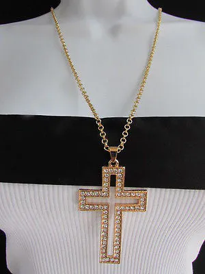 Gold Metal Chain Big Cross Pendant Silver Rhinestones 15" Necklace