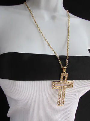 Gold Metal Chain Big Cross Pendant Silver Rhinestones 15" Necklace