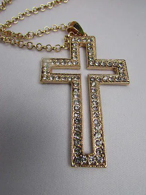 Gold Metal Chain Big Cross Pendant Silver Rhinestones 15" Necklace