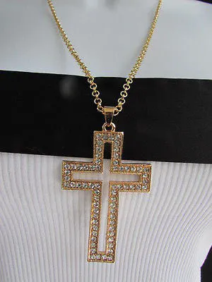 Gold Metal Chain Big Cross Pendant Silver Rhinestones 15" Necklace