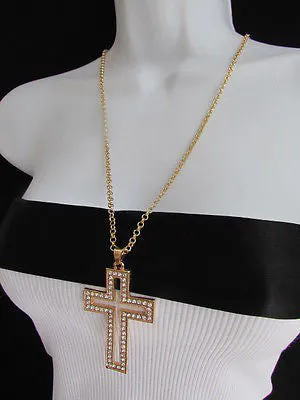 Gold Metal Chain Big Cross Pendant Silver Rhinestones 15" Necklace