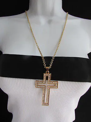 Gold Metal Chain Big Cross Pendant Silver Rhinestones 15" Necklace