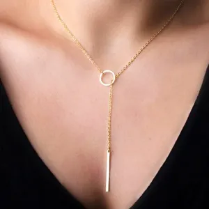 Gold plated metal chain bar circle lasso long strip necklace