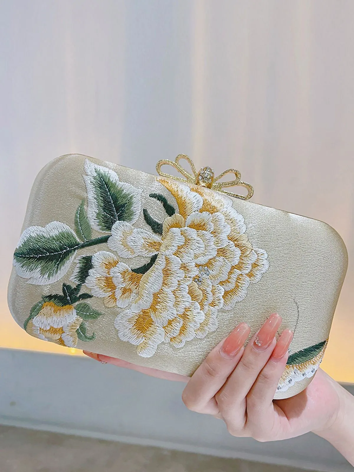 Gold Vintage Peony Embroidered Clutch