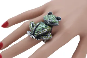 Green Rhinestone Silver Metal Frog Ring