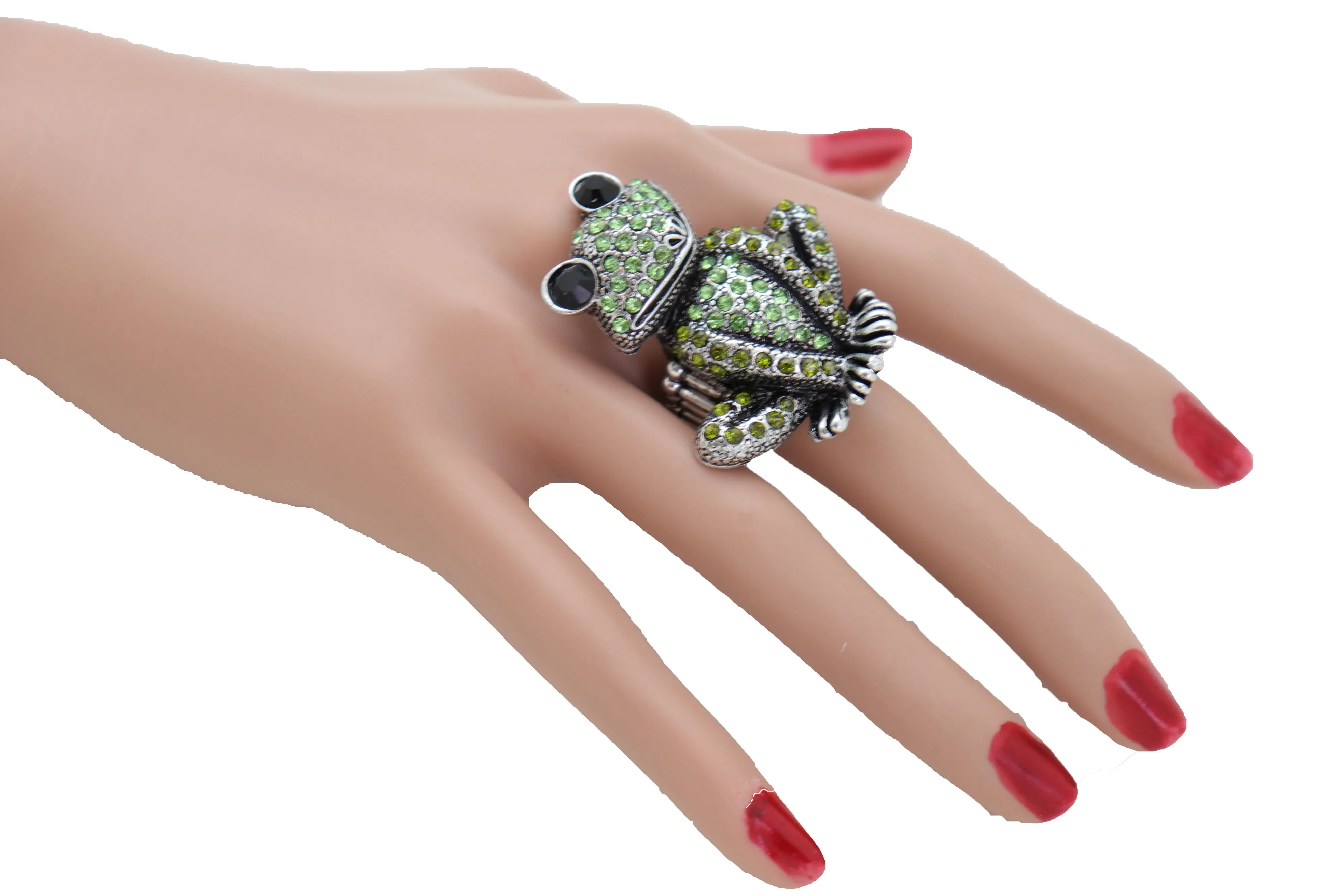 Green Rhinestone Silver Metal Frog Ring