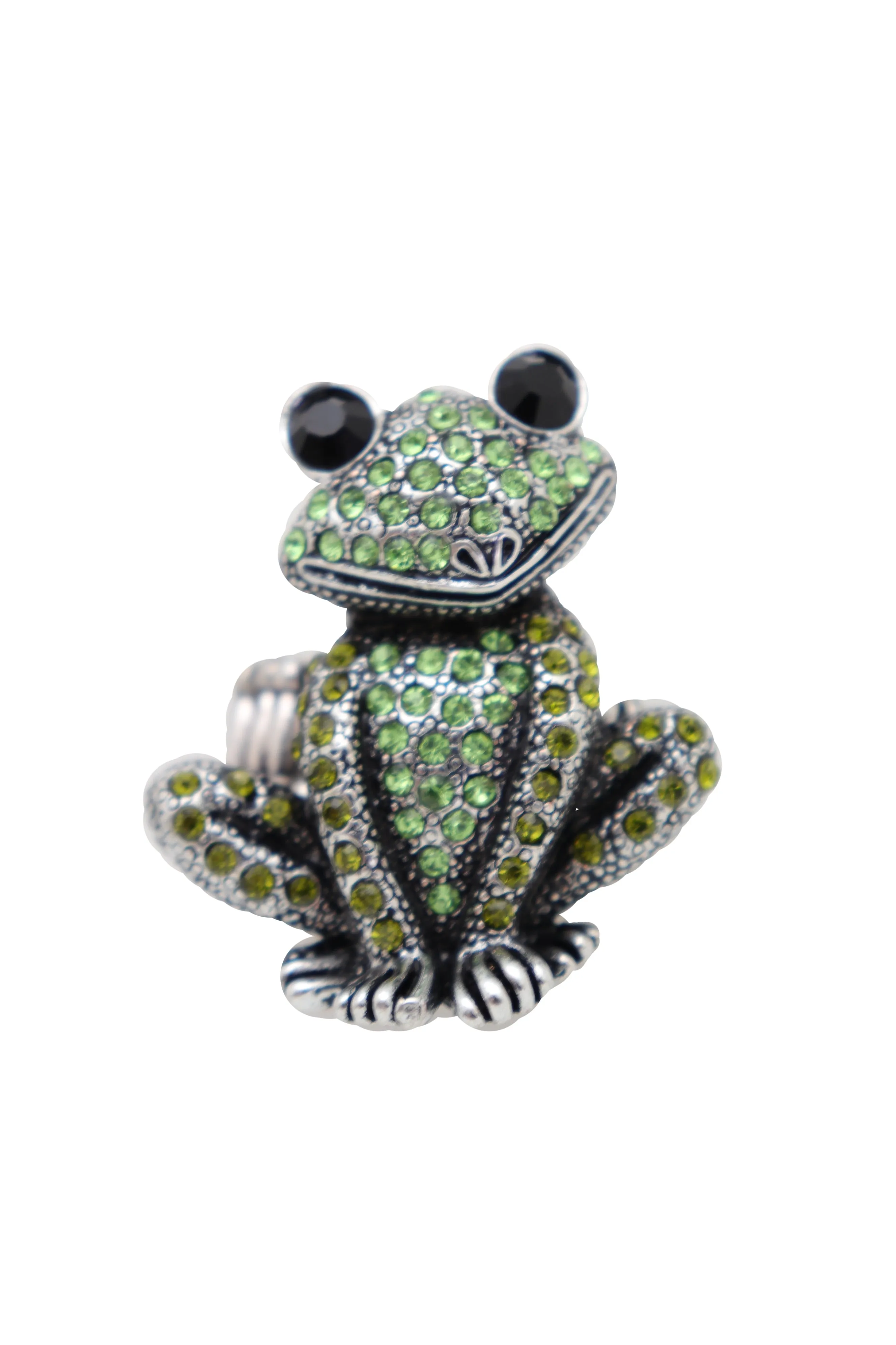 Green Rhinestone Silver Metal Frog Ring