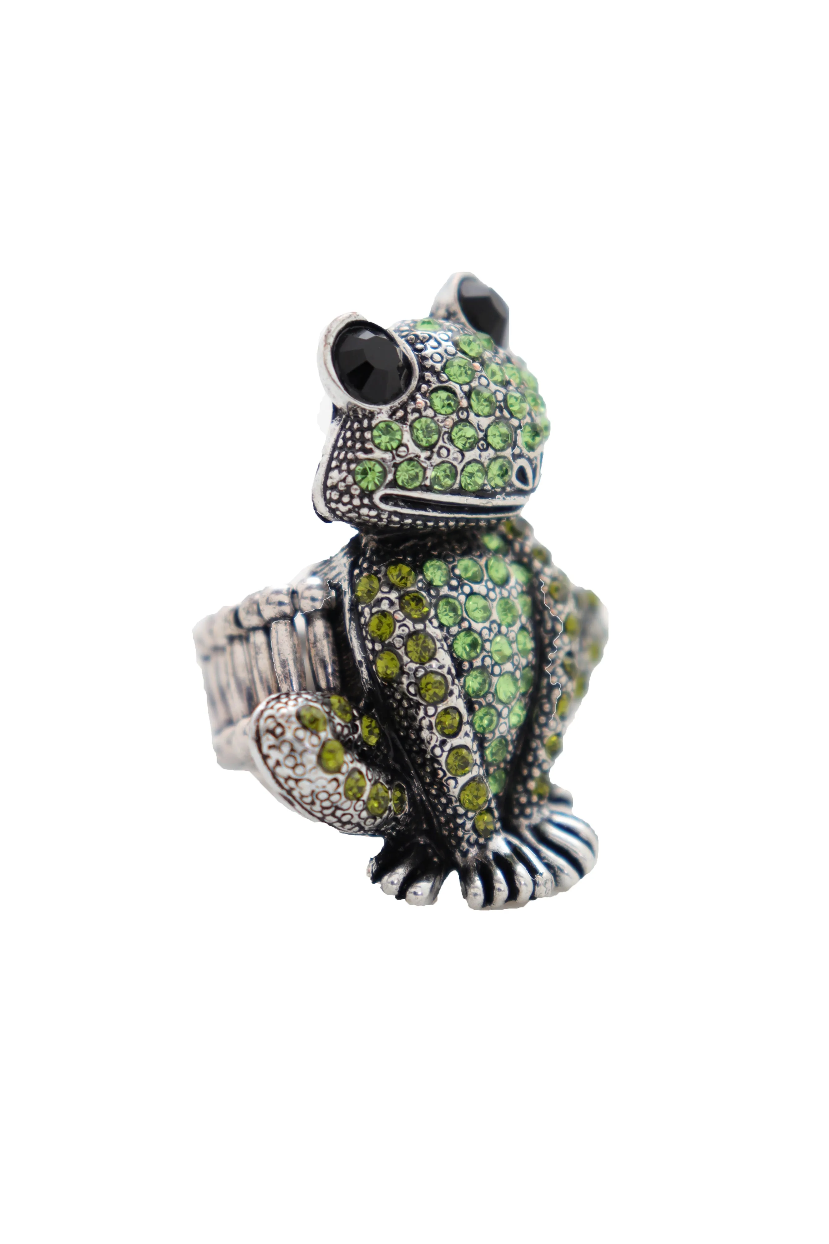 Green Rhinestone Silver Metal Frog Ring