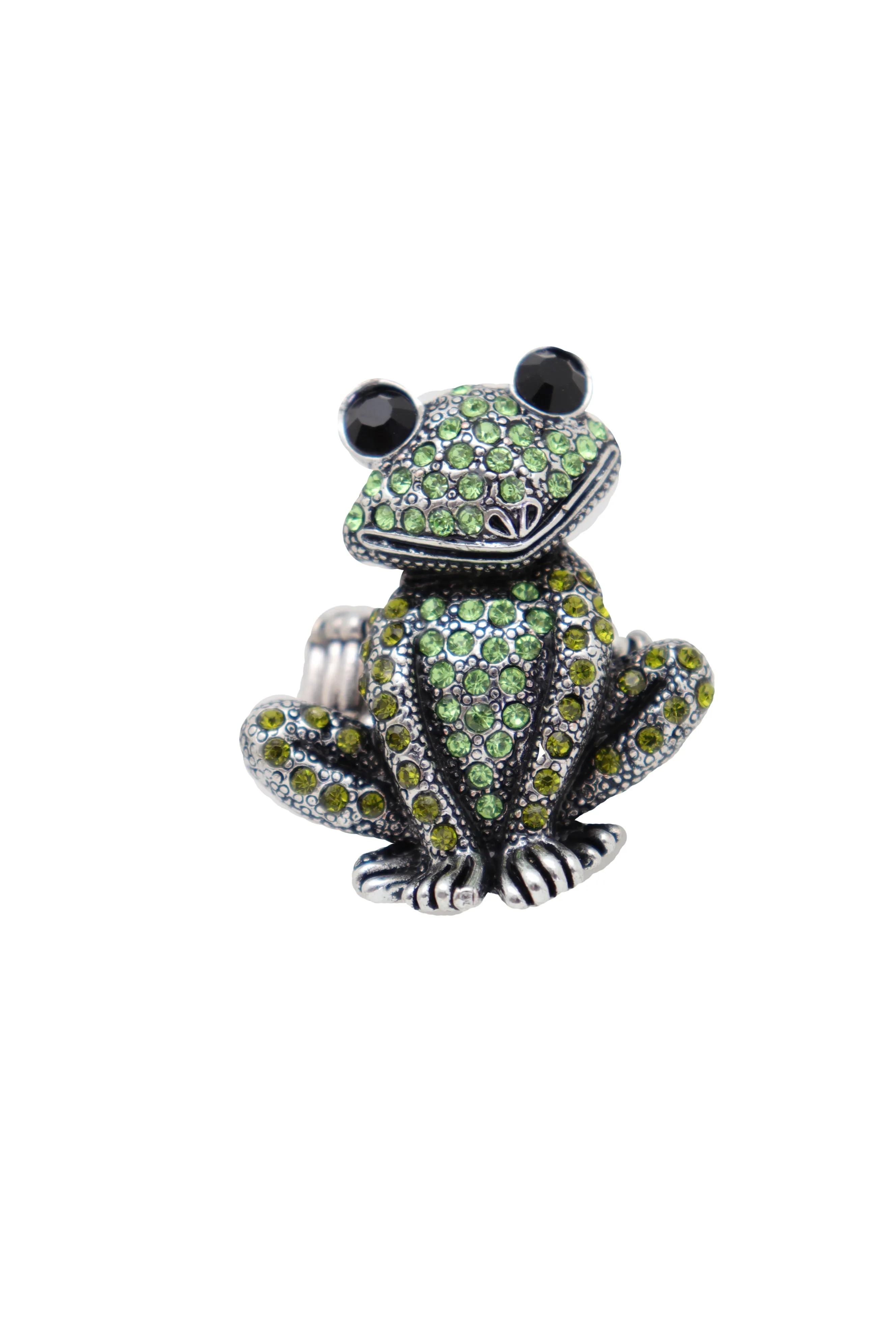 Green Rhinestone Silver Metal Frog Ring