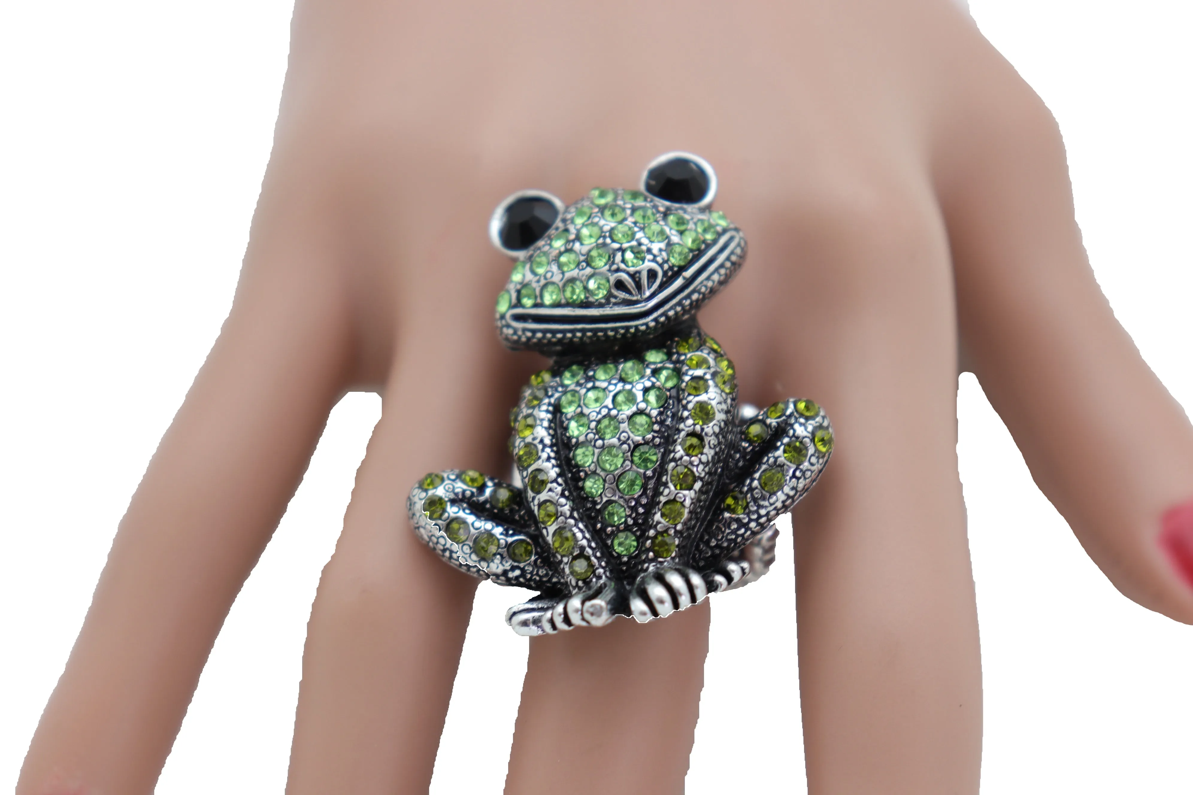 Green Rhinestone Silver Metal Frog Ring