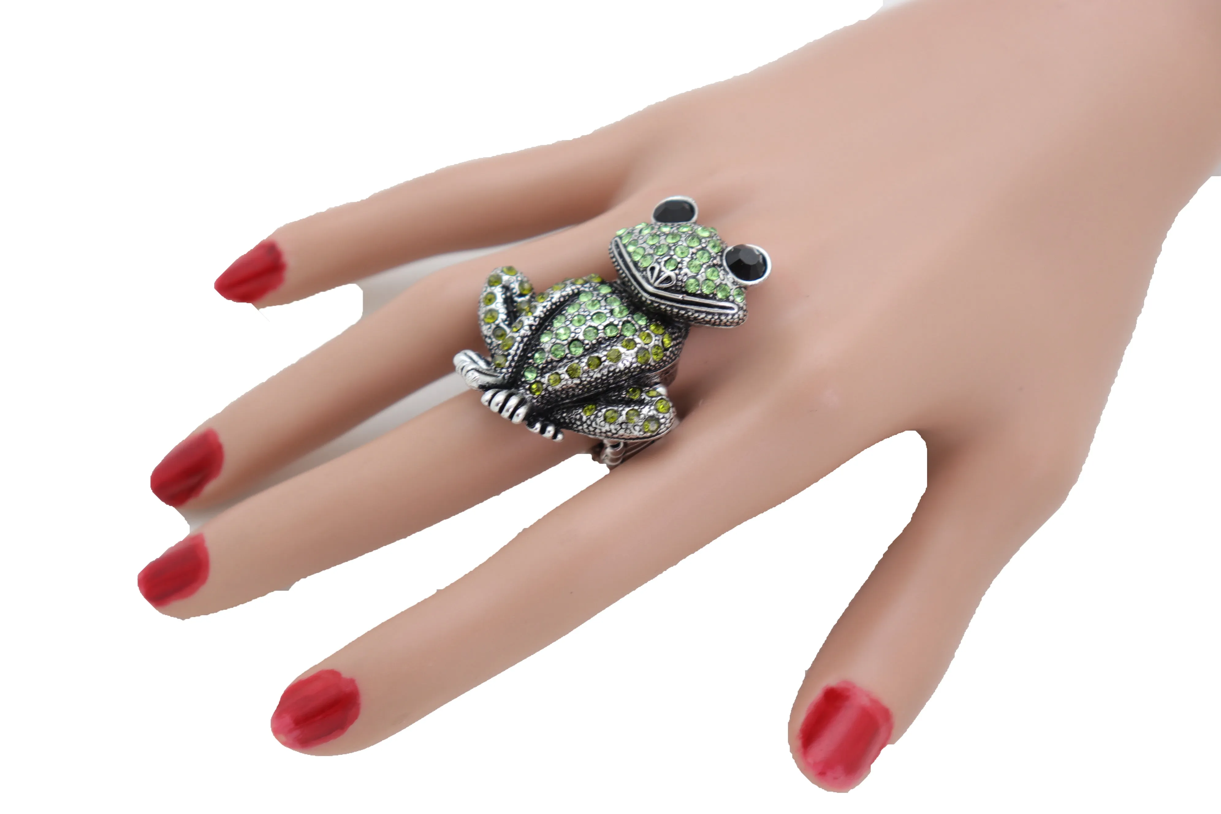 Green Rhinestone Silver Metal Frog Ring