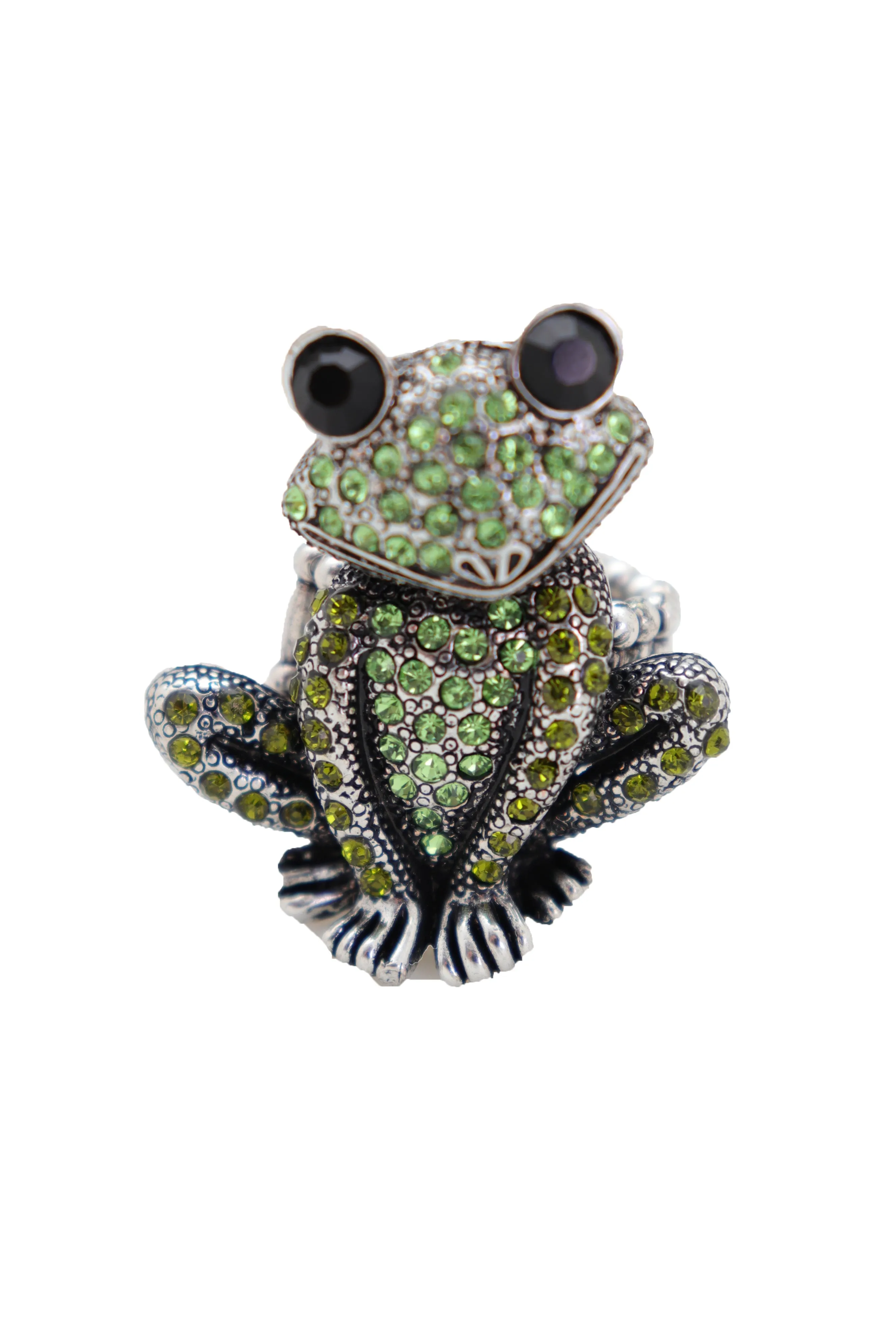 Green Rhinestone Silver Metal Frog Ring