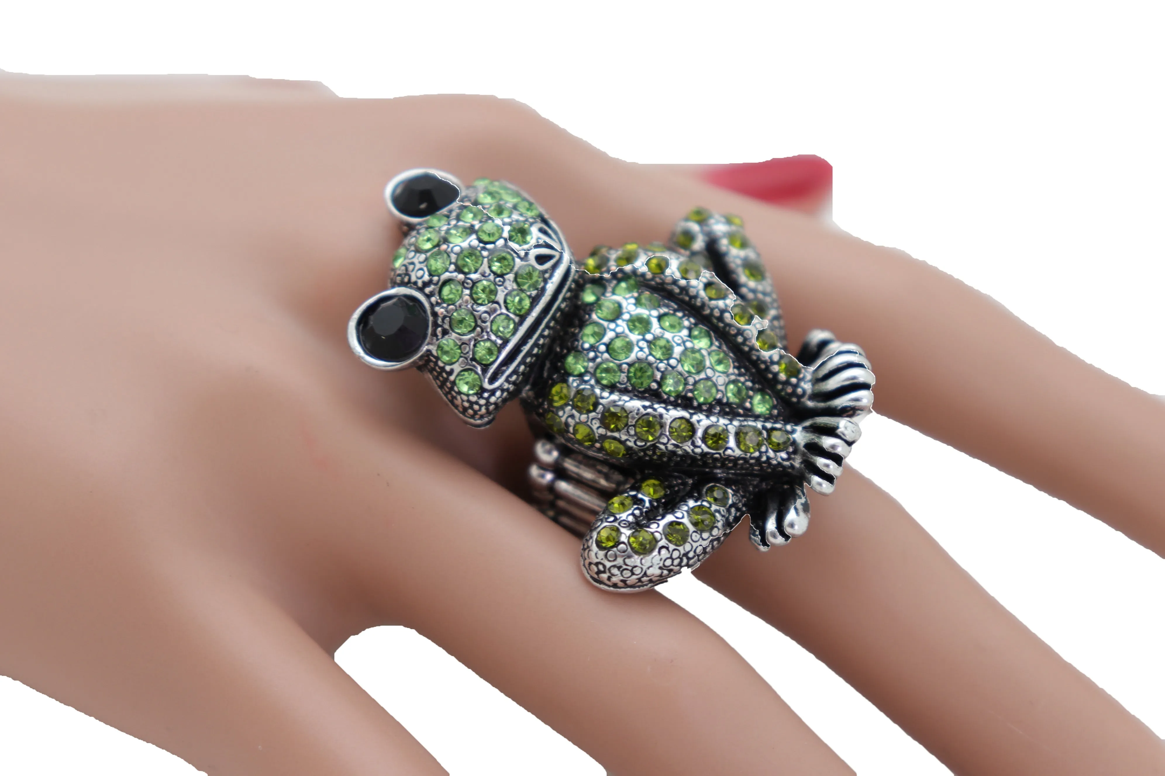 Green Rhinestone Silver Metal Frog Ring