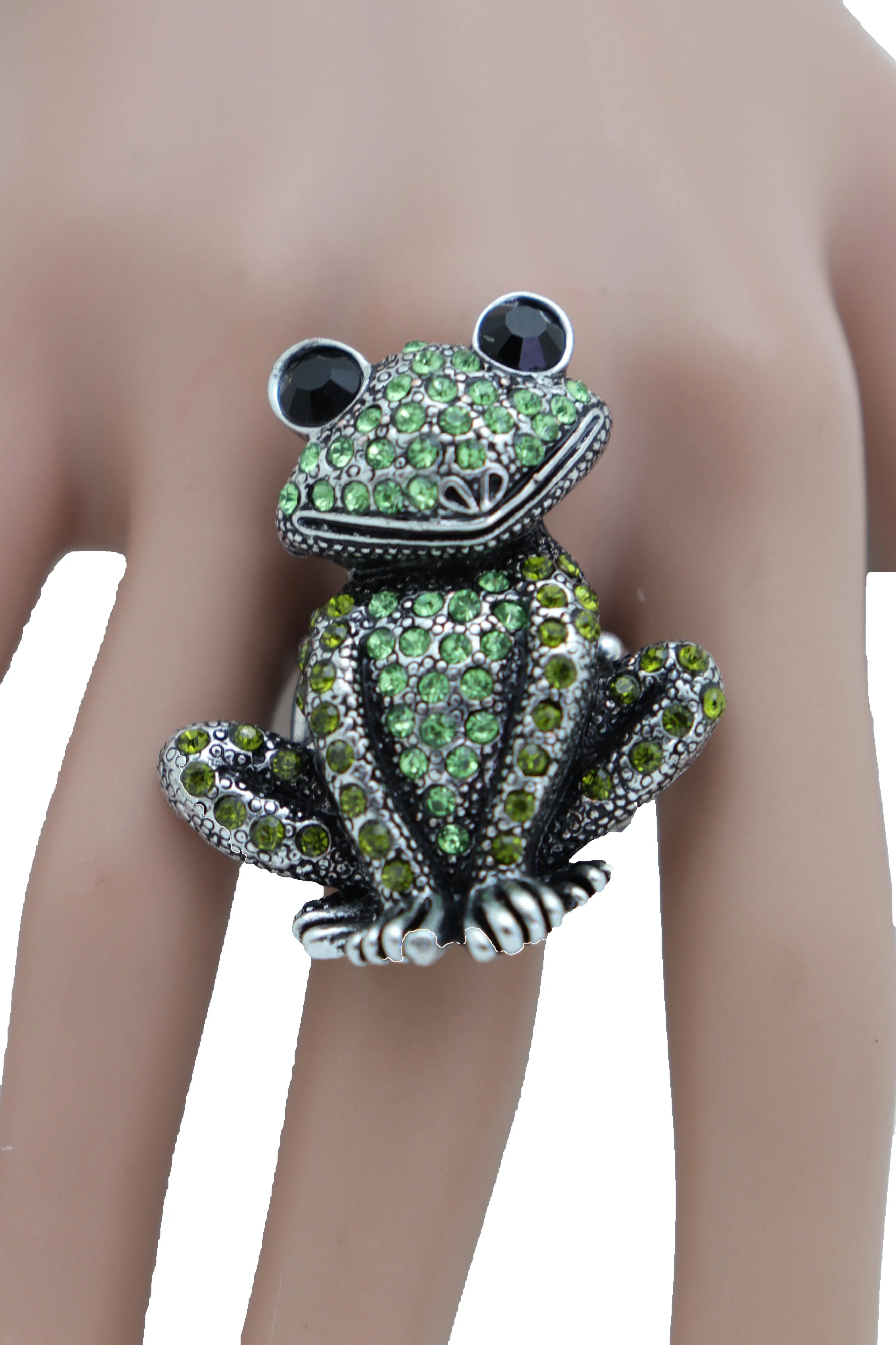 Green Rhinestone Silver Metal Frog Ring