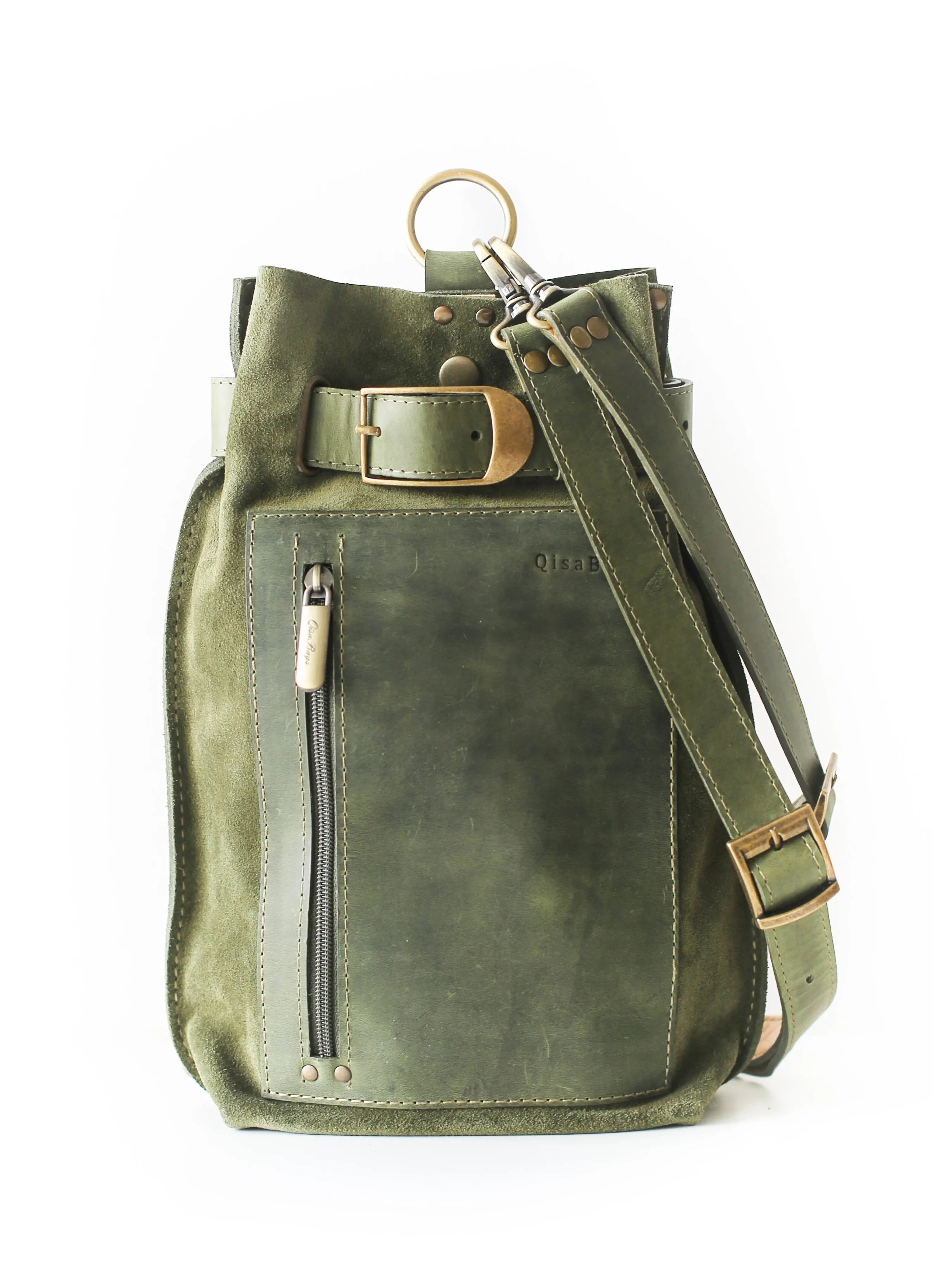 Green Suede Sling Backpack