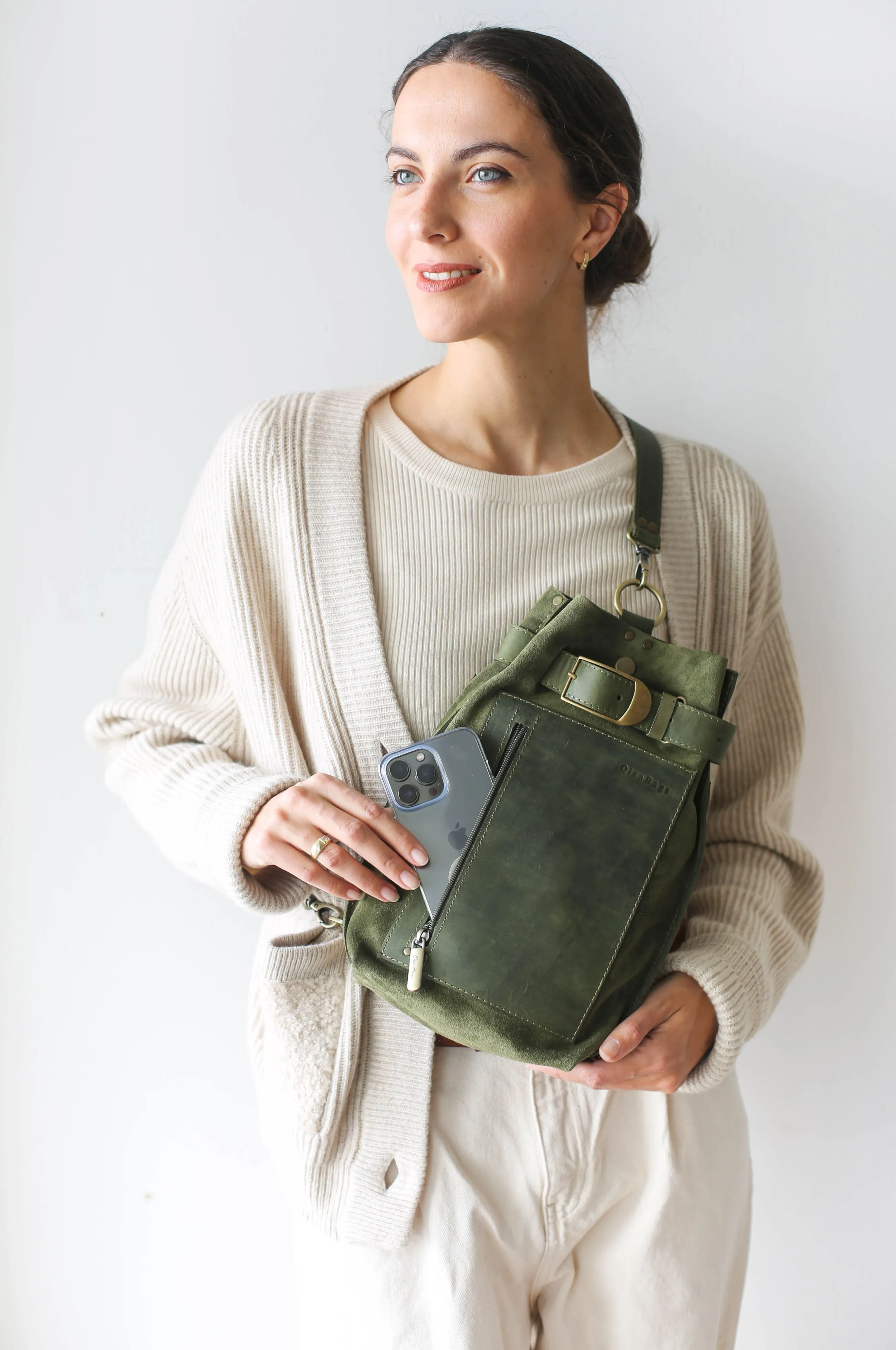 Green Suede Sling Backpack