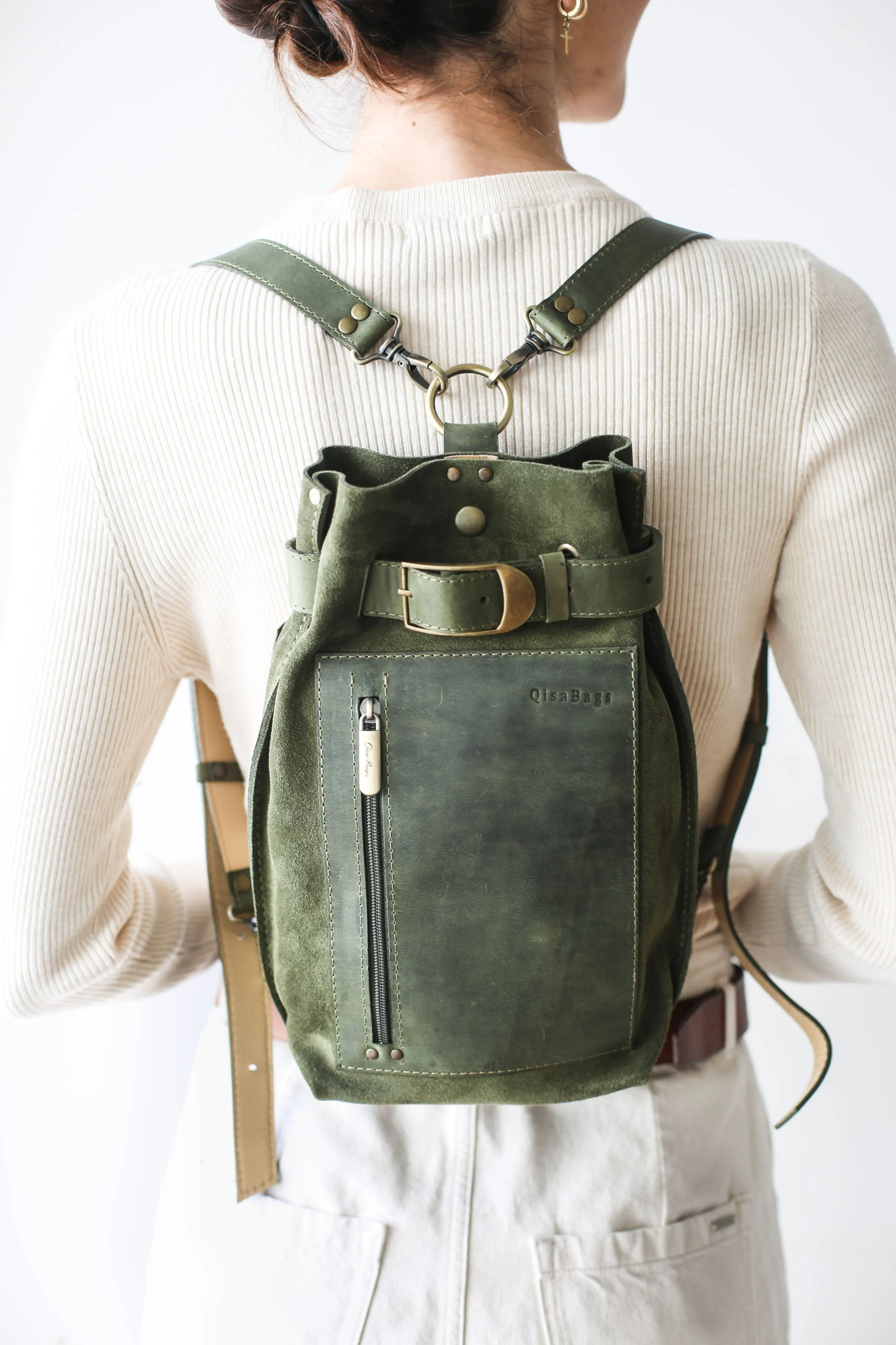 Green Suede Sling Backpack