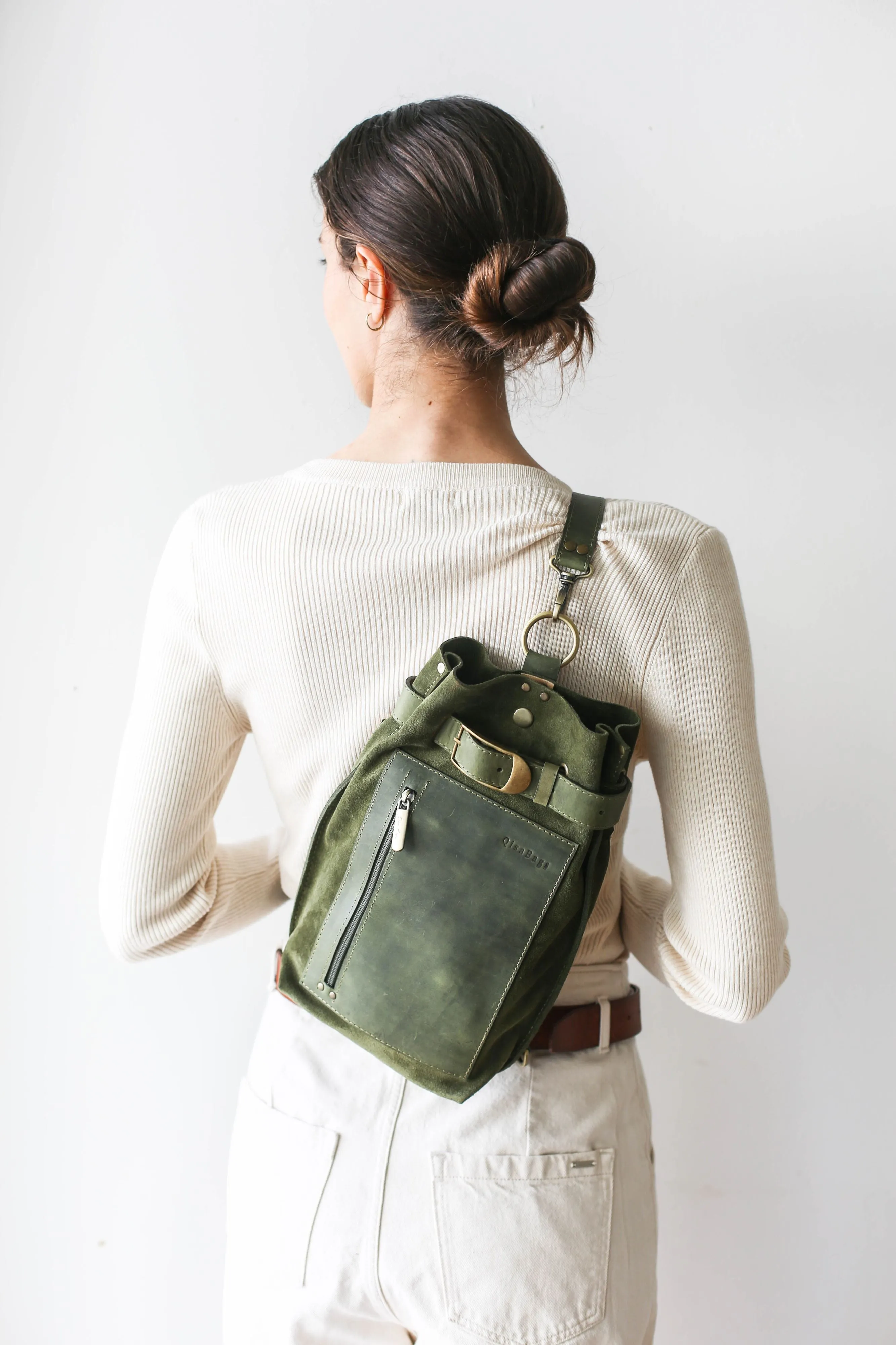 Green Suede Sling Backpack