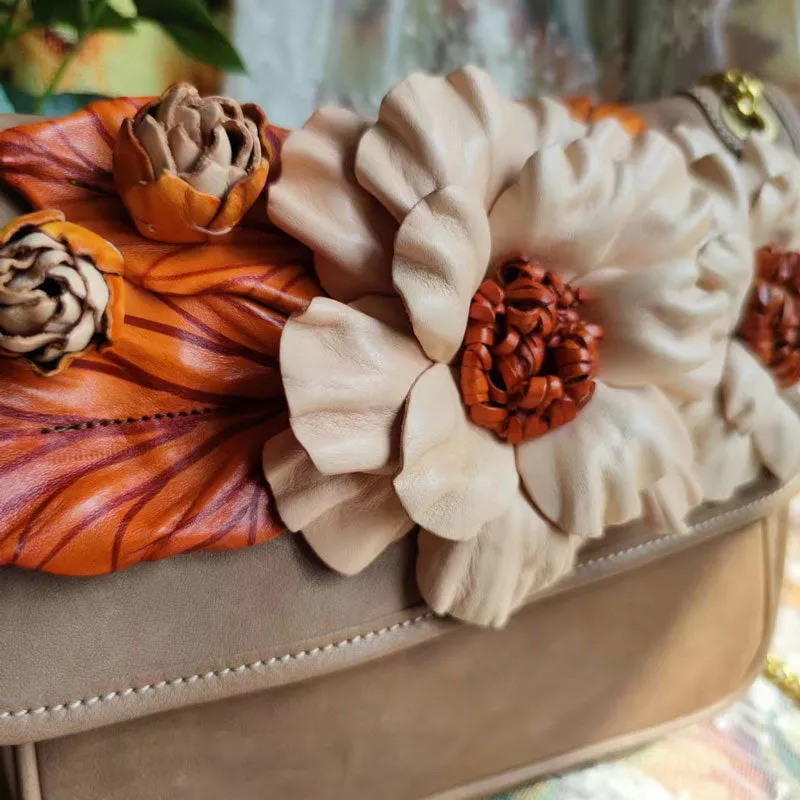 Handmade Vintage Flower Clusters Leather Messenger Bag for Women