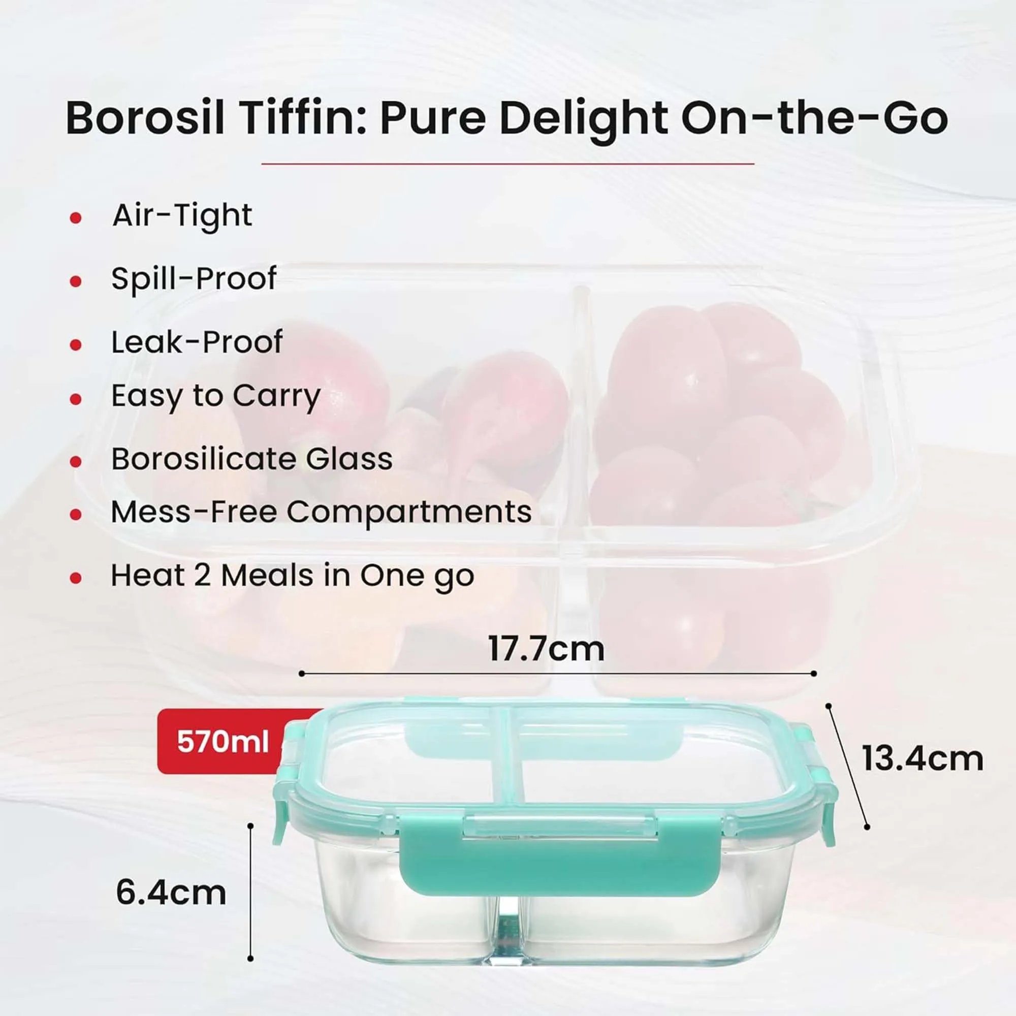 Kuber Industruies ‎570ml Borosilicate Glass Leakproof Tiffin/Lunch Boxes for Office Men, Women & Kids with Snap Lid | Light Weight Food Container Office Lunch Box | Transparent