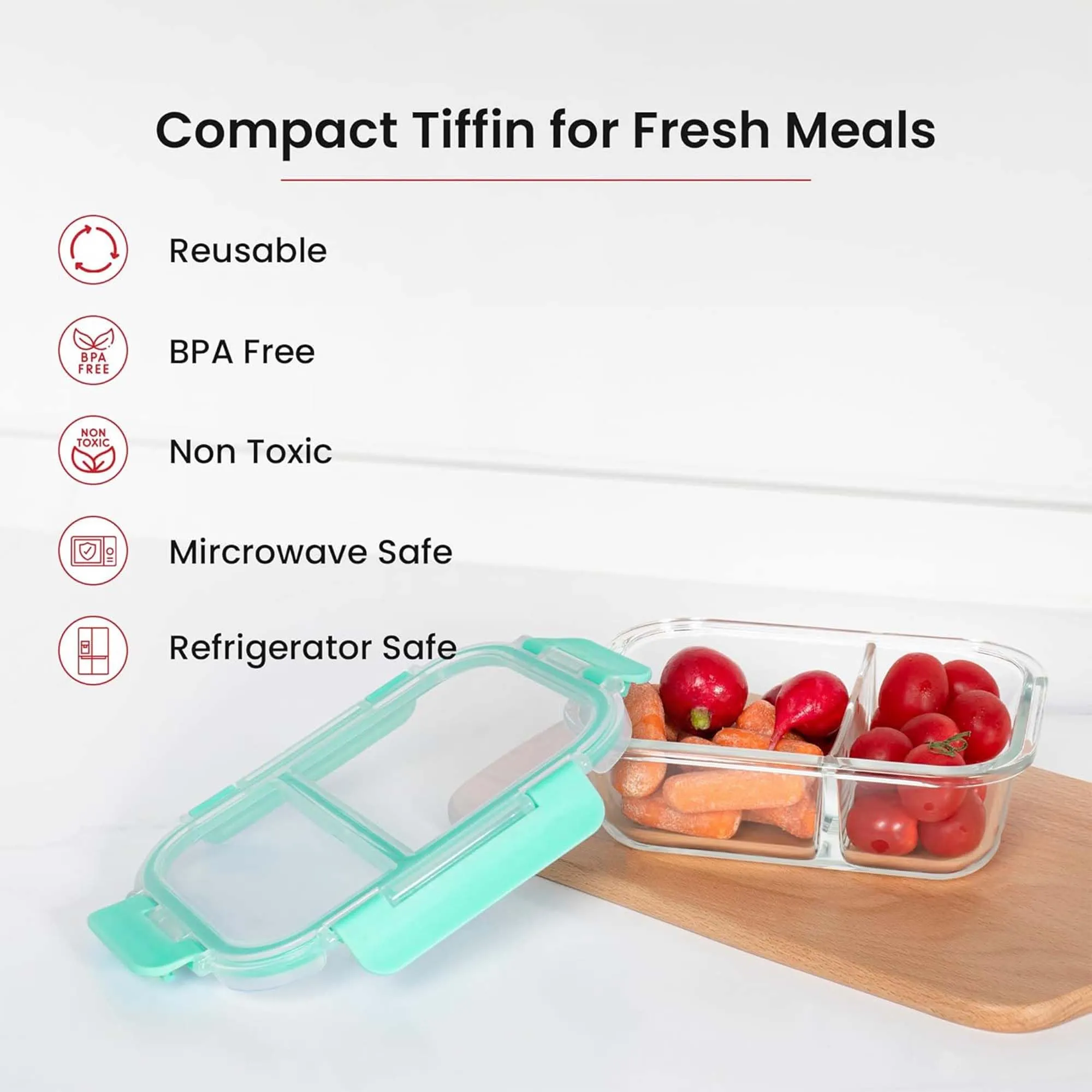 Kuber Industruies ‎570ml Borosilicate Glass Leakproof Tiffin/Lunch Boxes for Office Men, Women & Kids with Snap Lid | Light Weight Food Container Office Lunch Box | Transparent