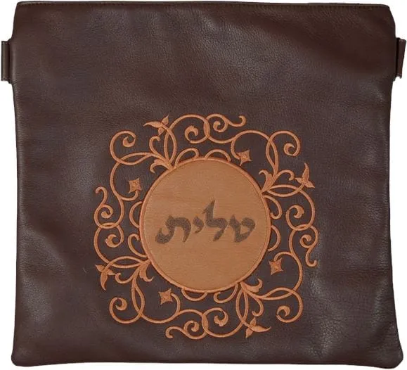 Leather Tallis &amp; Tefillin Bag Circular design with a contrasting Leather patch 260D-BR