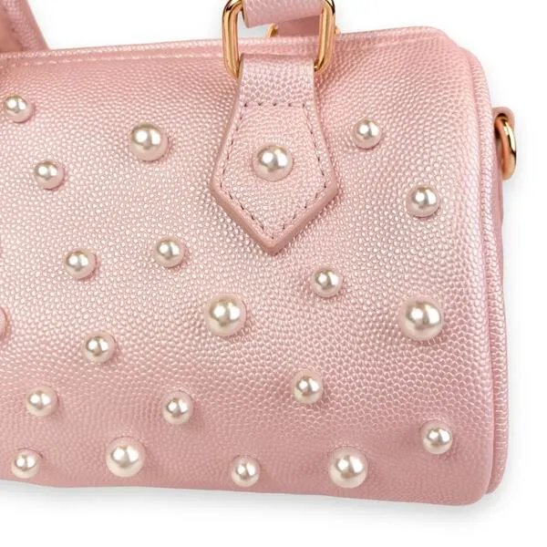 Pearl Studs Pink Leather Barrel Bag